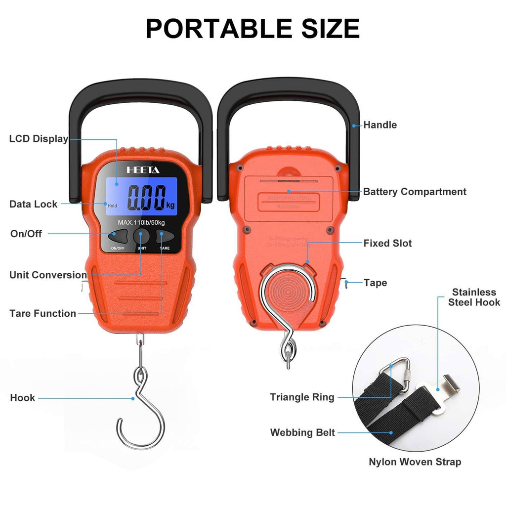 Orange digital scale with backlit LCD, control buttons, and battery compartment
