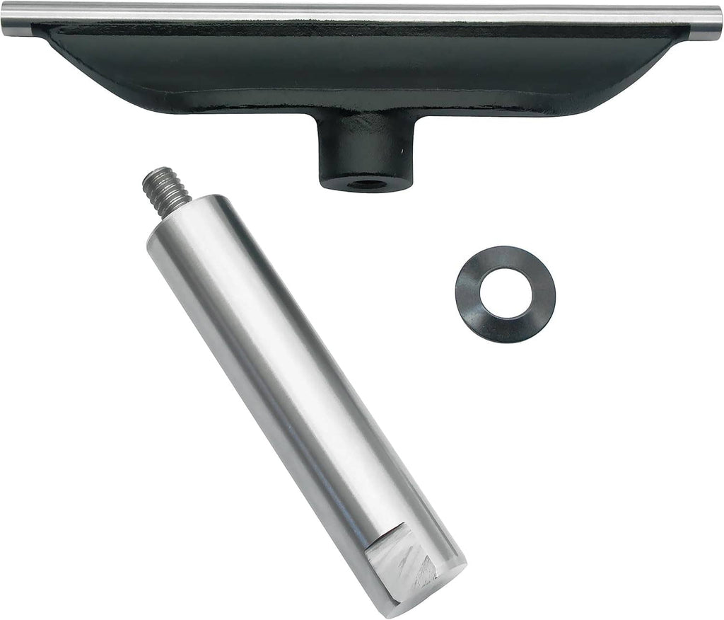 Lathe tool rest with black curved base and silver post plus small washer