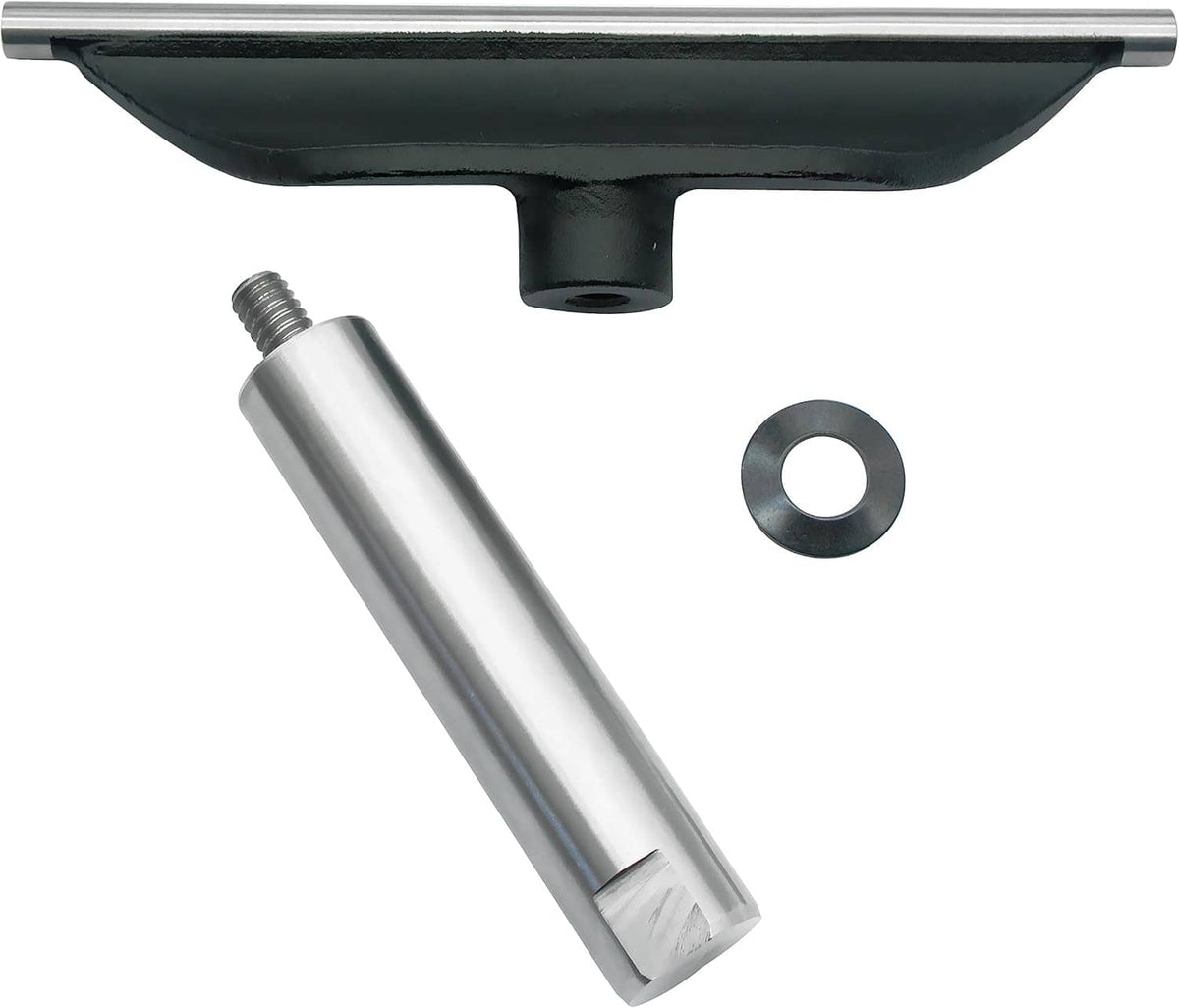 Lathe tool rest with black curved base and silver post plus small washer