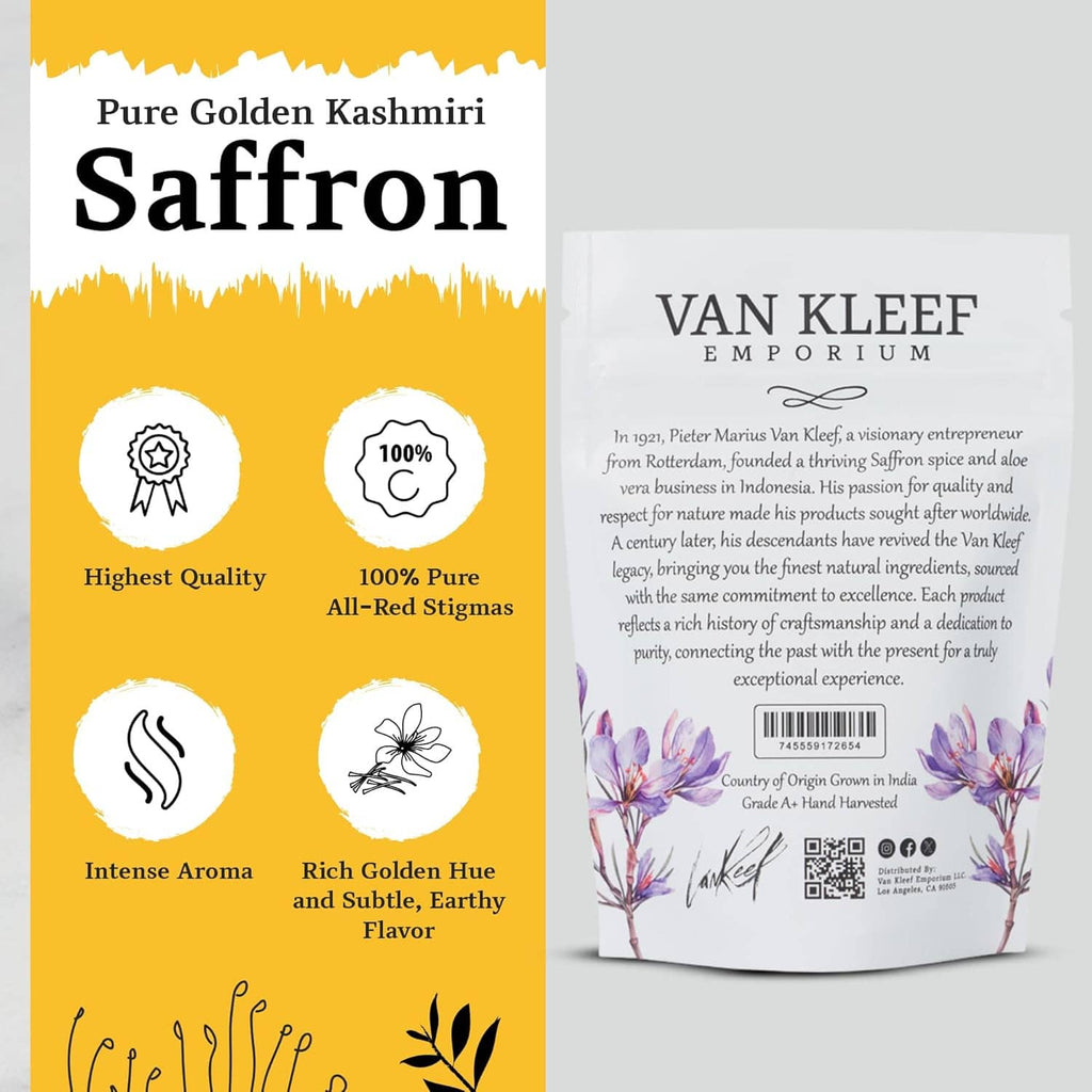 Pure golden saffron package featuring VAN KLEEF EMPORIUM pouch and red threads