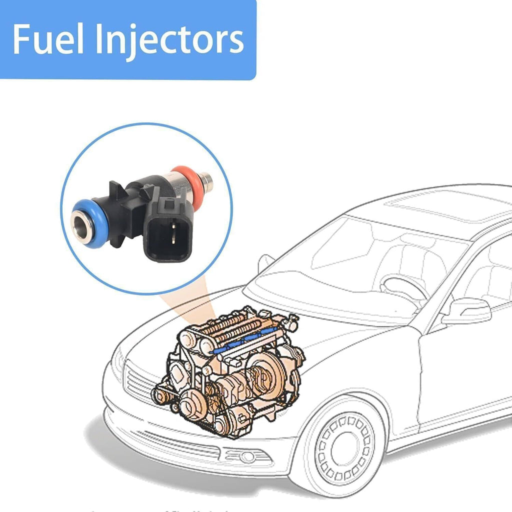 Fuel injectors diagram with car outline and small engine component illustration