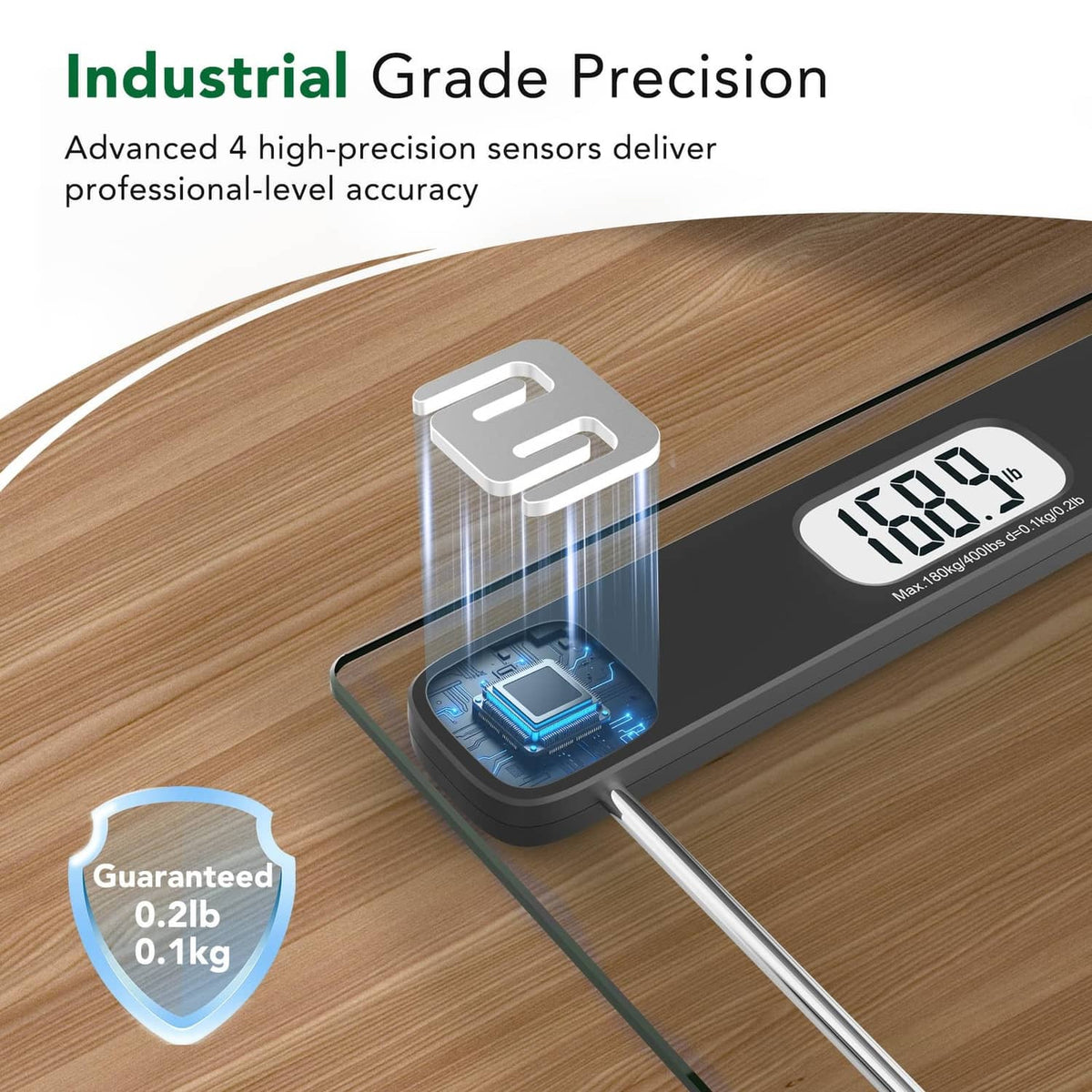 Body weight scale with sensors view and LCD display showing a weight reading