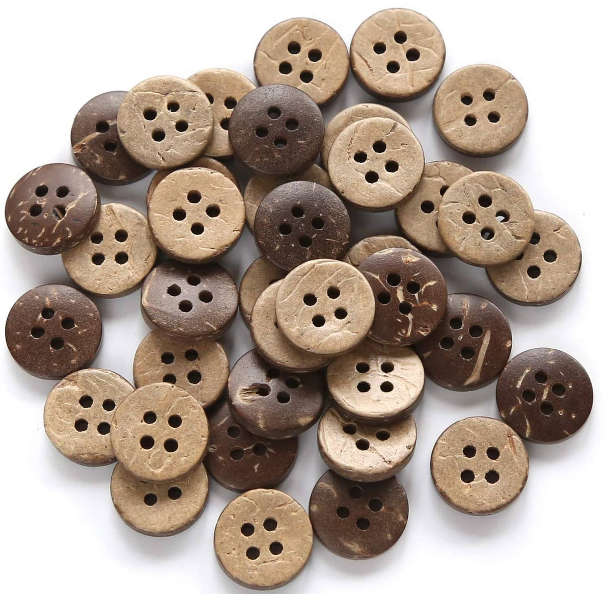 Coconut shell buttons set, round 4-hole style in mixed tan and dark brown