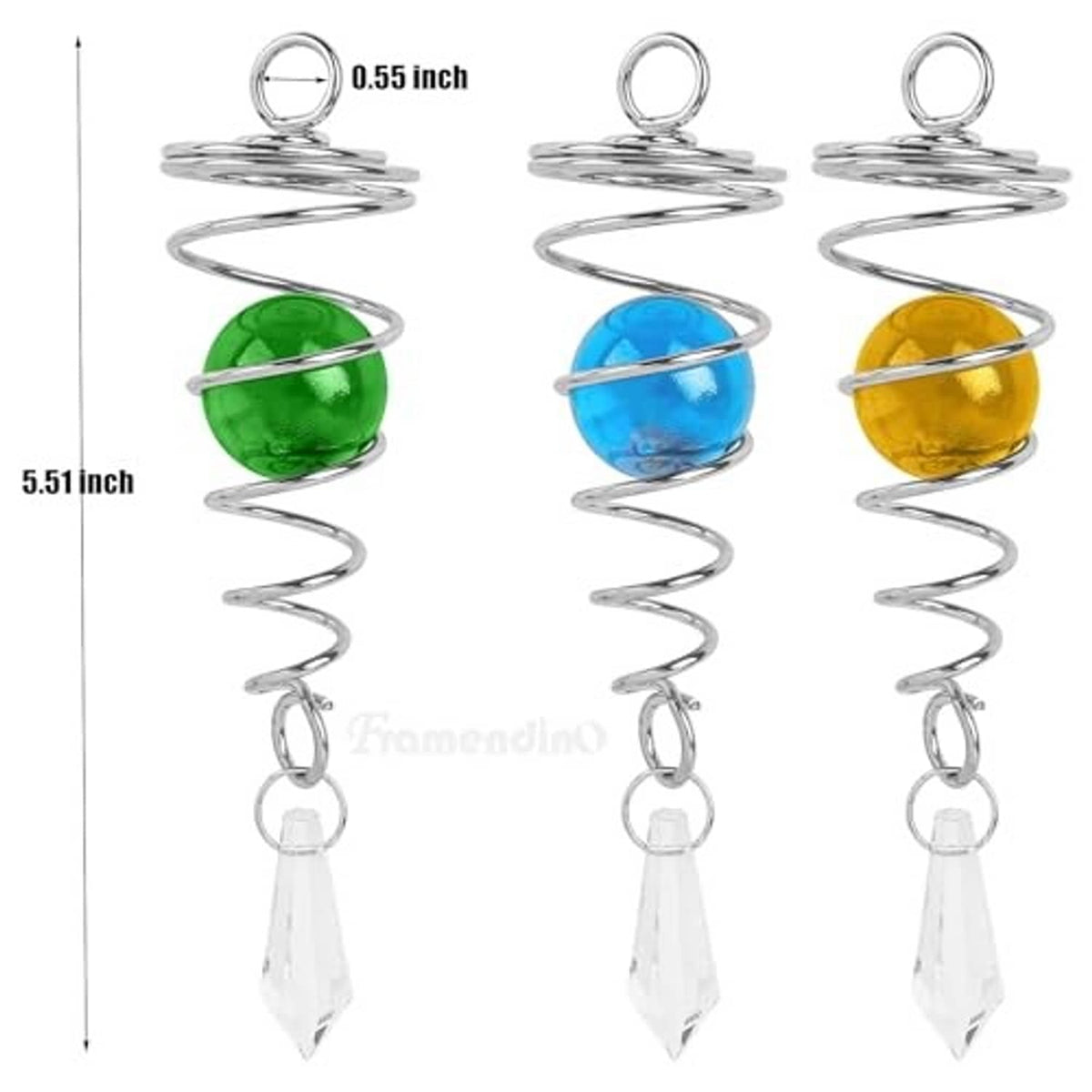 3-pack gazing ball wind spinners with green, blue, yellow glass balls and clear crystal drops