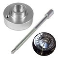 Clutch belt removal tool with metal pulley and long threaded bolt, silver finish