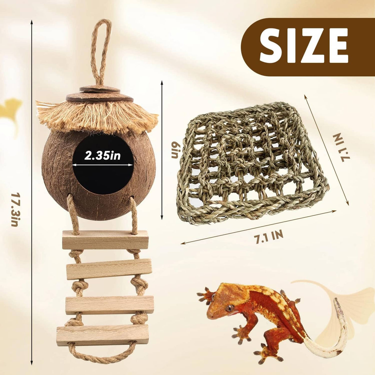 Coconut gecko hide with rope ladder and woven top, with size measurements shown