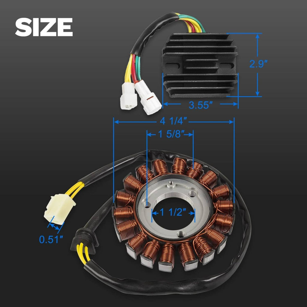 Stator coil assembly with copper windings, black casing, and white multi-pin connector leads