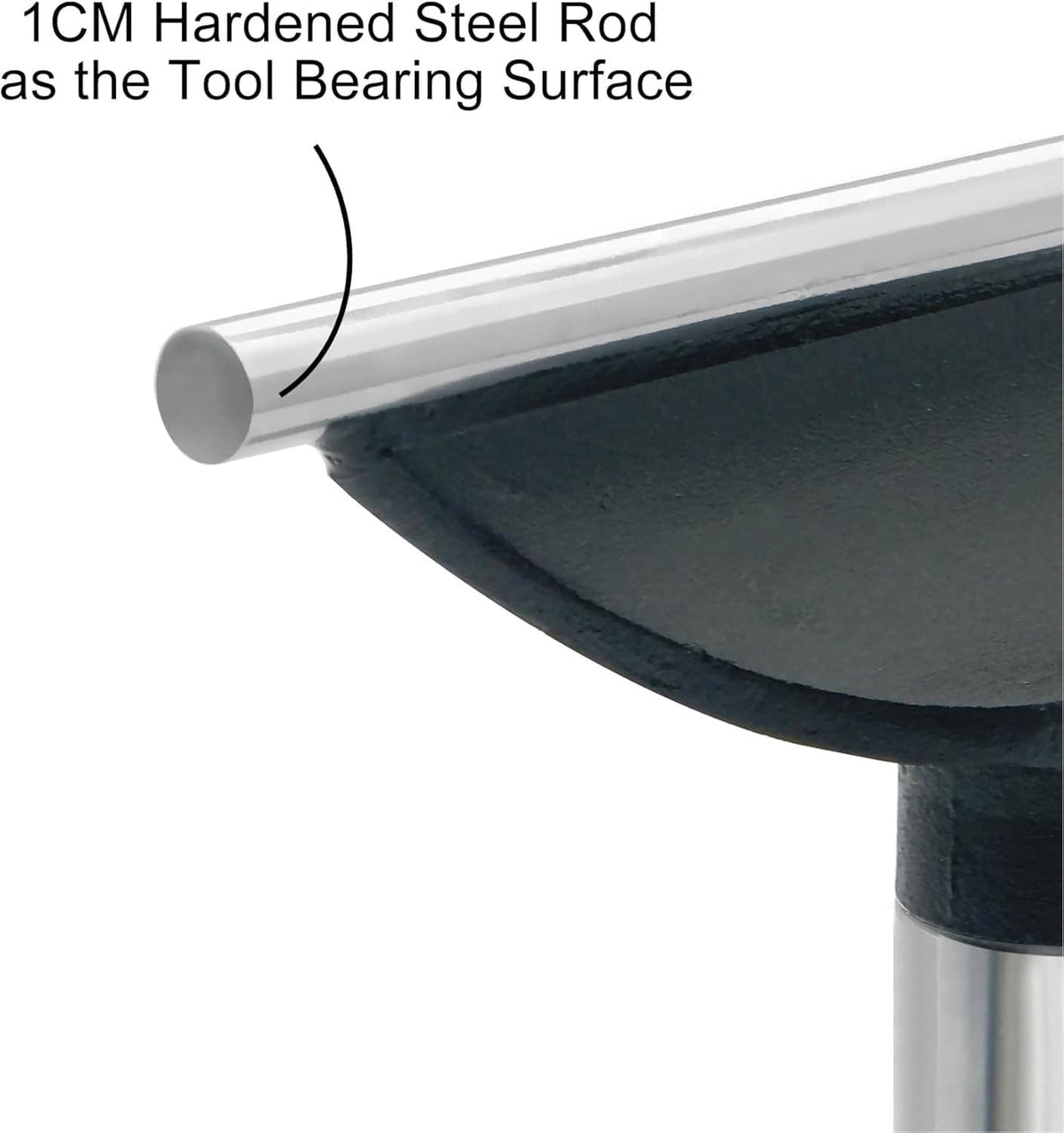 Hardened steel rod tool rest with black curved support and silver post