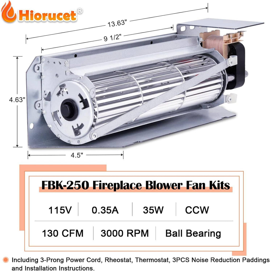 Fireplace blower fan kit with silver motor housing and black mounting bracket