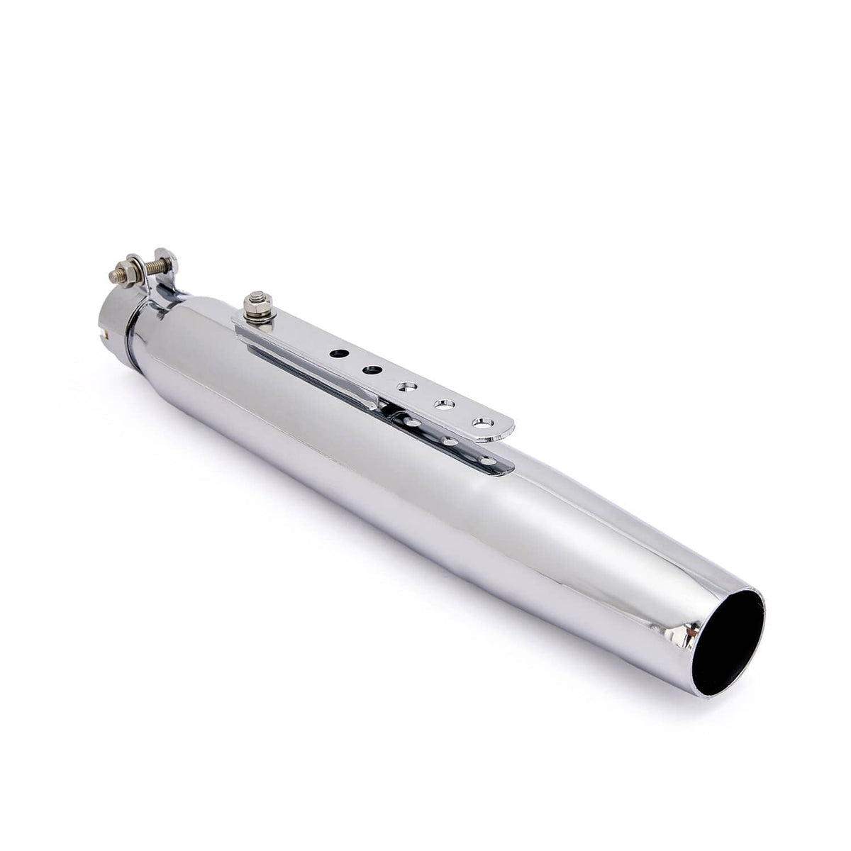 Single chrome universal motorcycle exhaust muffler with perforated strap mounting