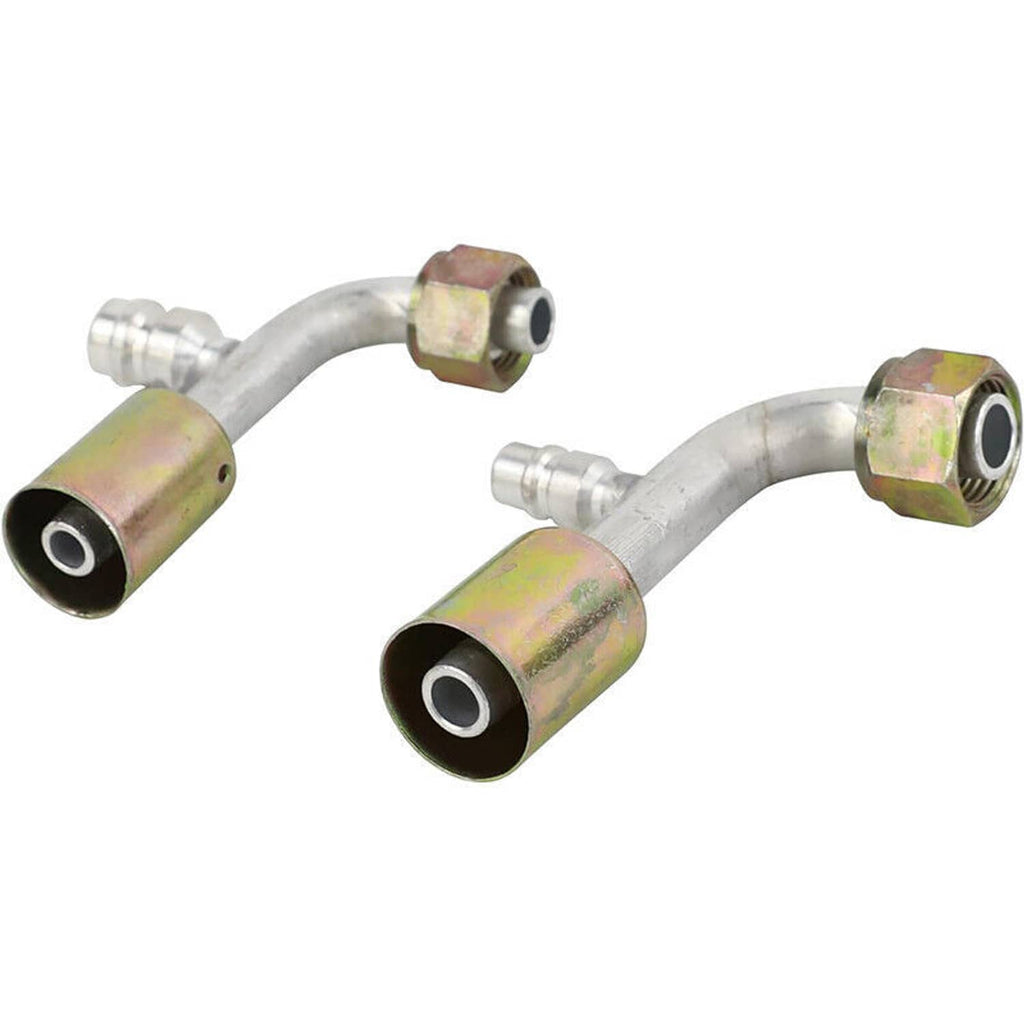 Curved A/C service fittings with hex nuts and capped ports, two-pack