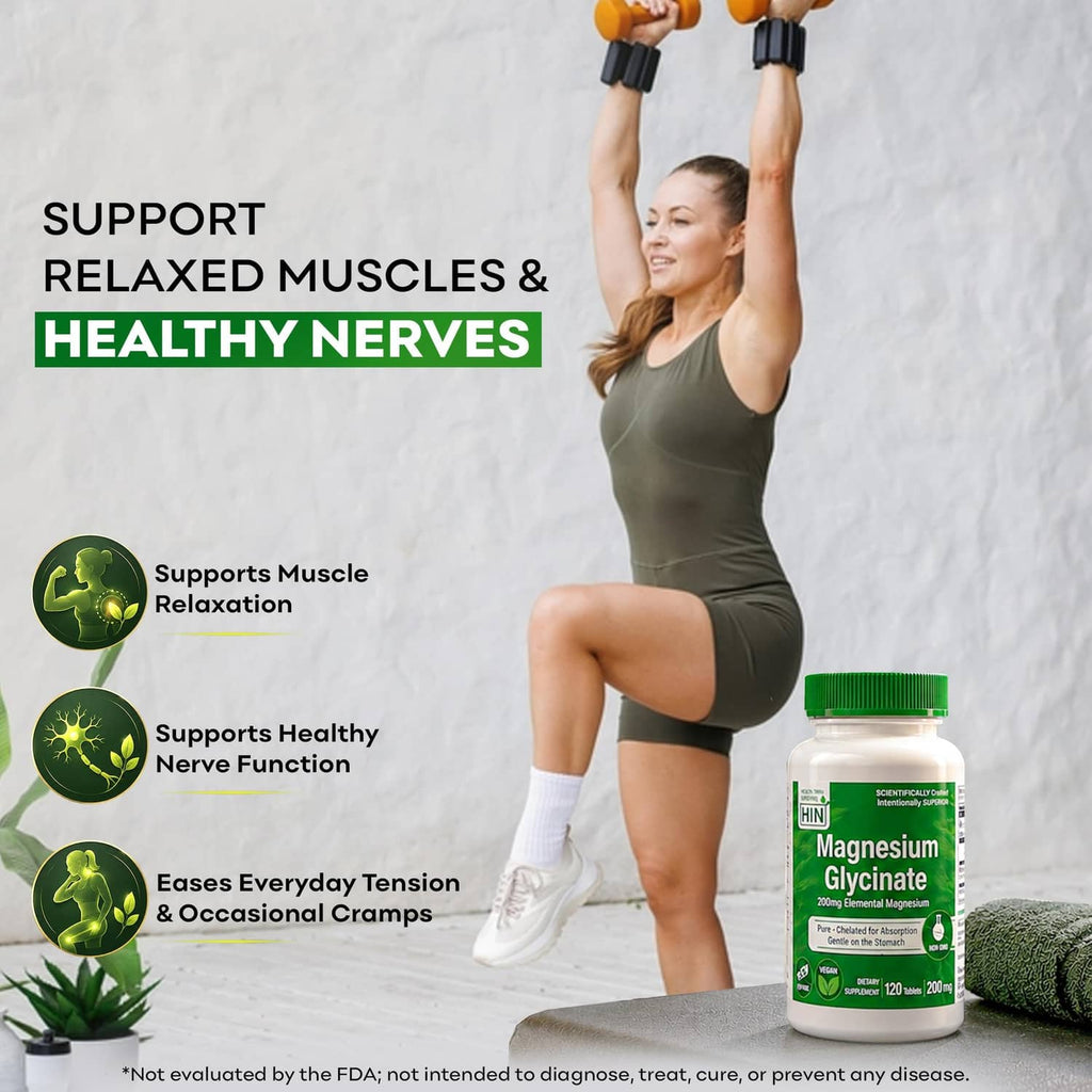Magnesium glycinate supplement bottle with green cap; support relaxed muscles and nerves graphic
