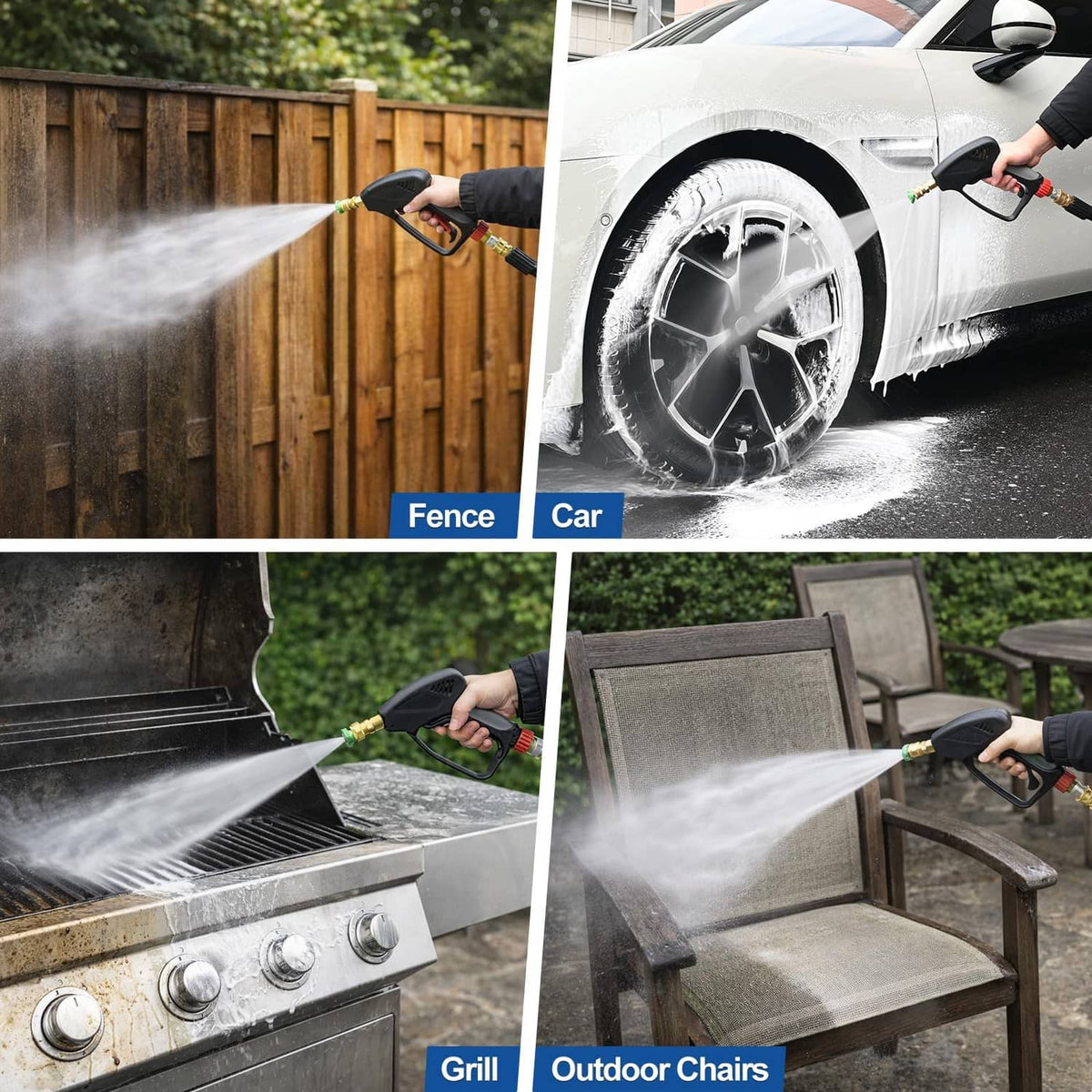 Black pressure washer gun spraying water stream with brass connectors on short body
