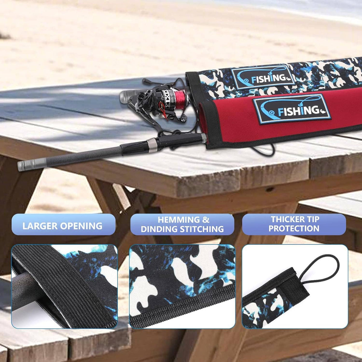 Blue camo fishing rod sleeve with red trim, protective cover for rod and reel