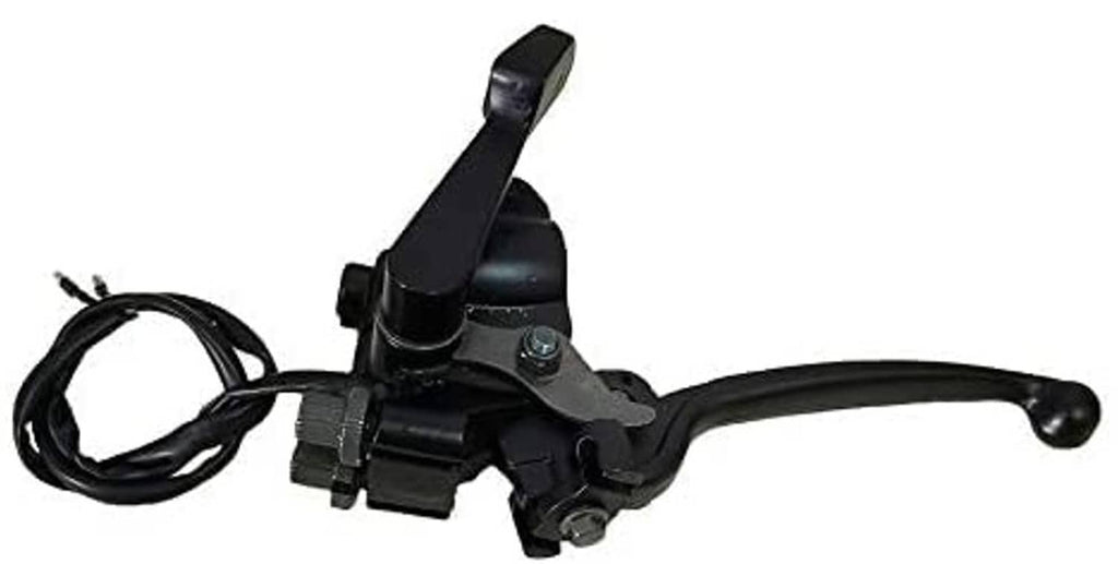 Black dual brake lever and thumb throttle switch assembly with attached cable