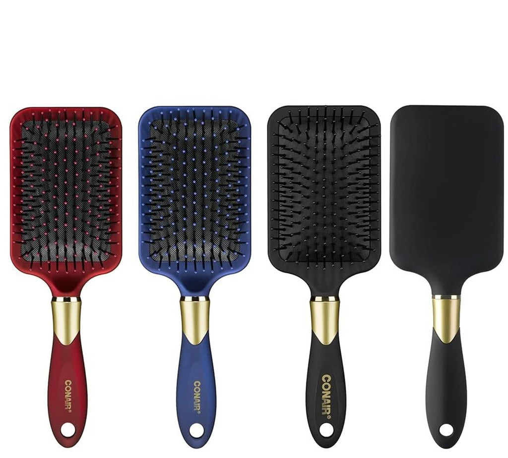 Paddle hair brush set with cushioned base and nylon bristles in red, blue, black, and gray