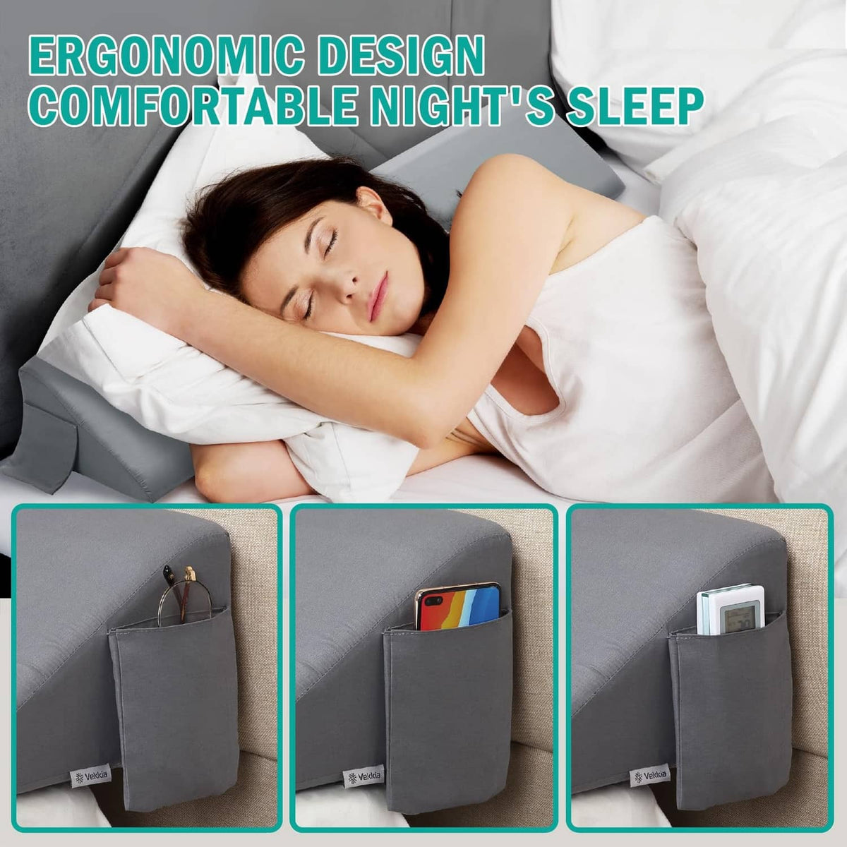 Gray night-sleep wedge pillow with side pocket holding small essentials.