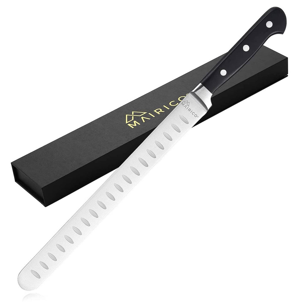 Mairico brisket slicing knife with stainless blade and black handle, oval rivets