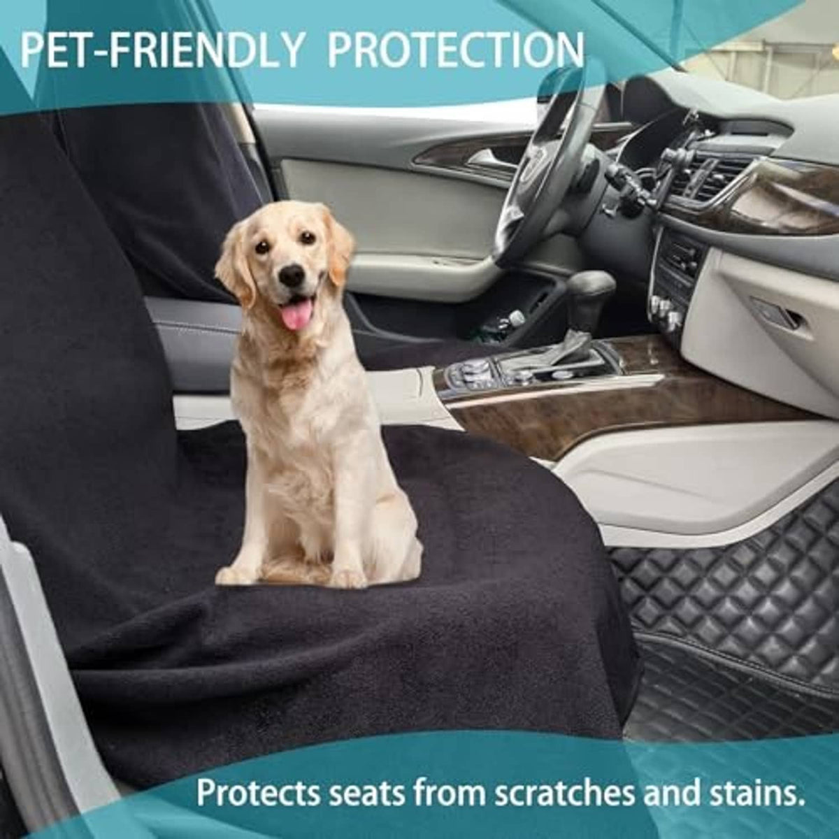 Black front car seat cover with pet-friendly protection against scratches and stains