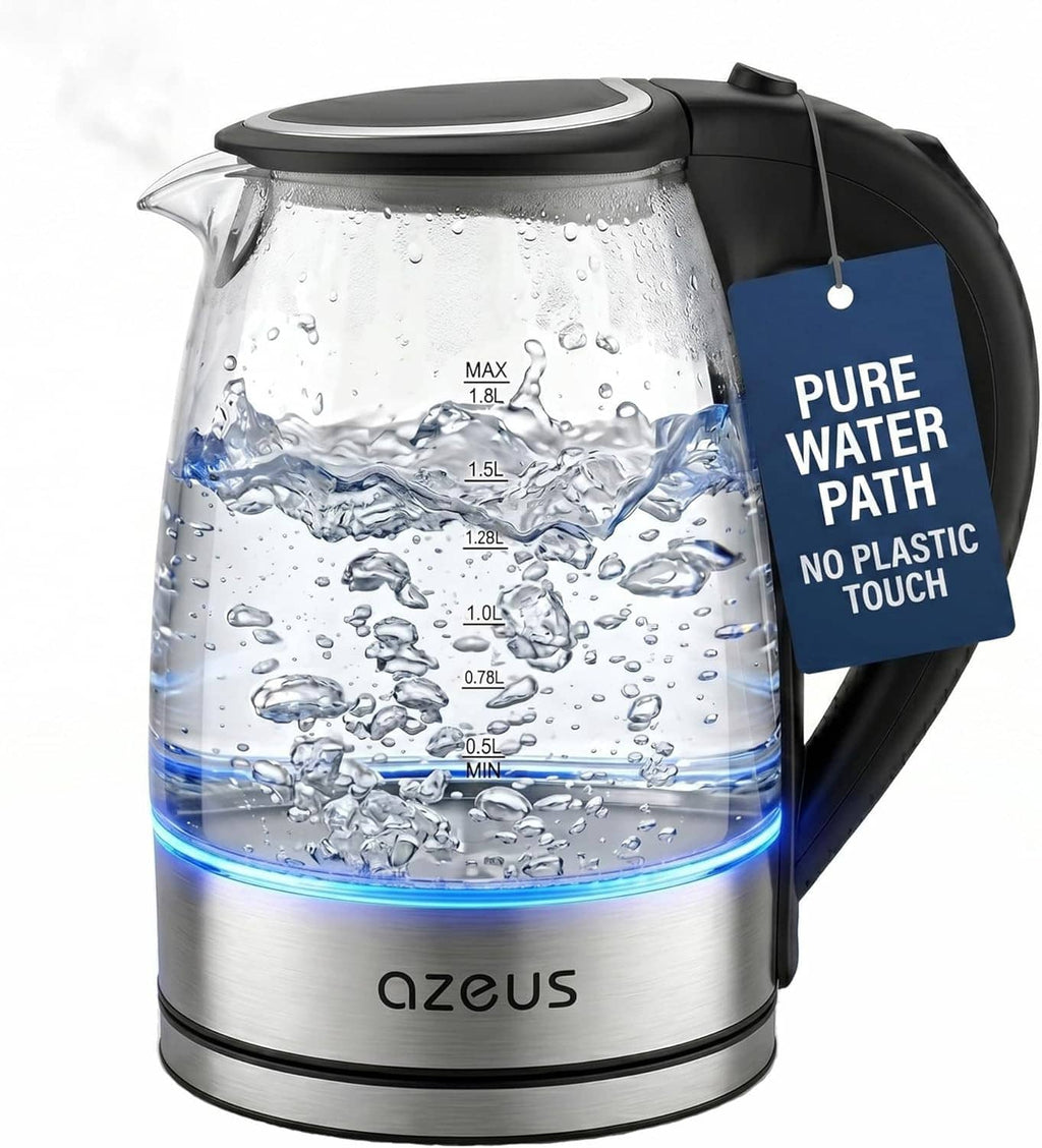 Clear electric kettle with blue base glow, PURE WATER PATH 'NO PLASTIC TOUCH' tag