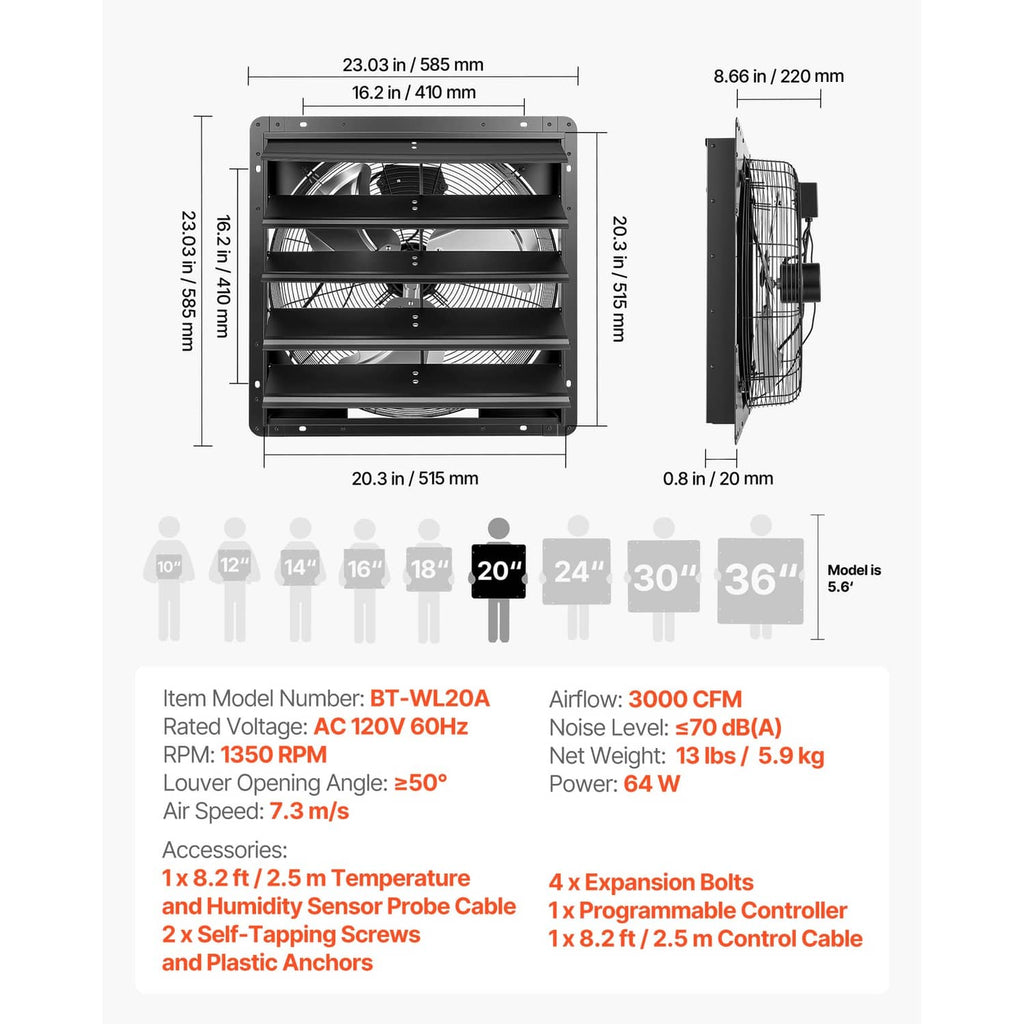 Wall-mount shutter exhaust fan with labeled dimensions and louver opening angle
