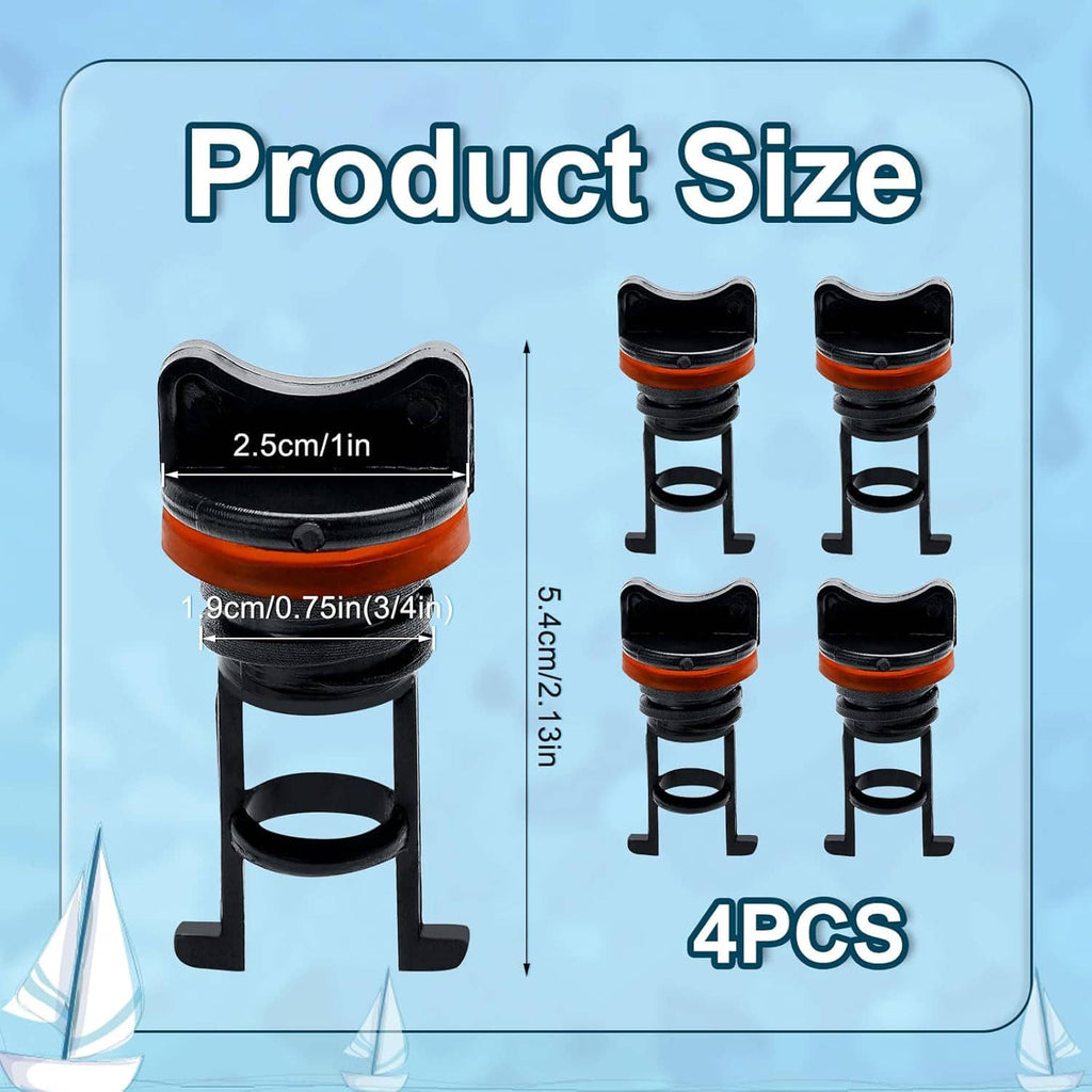 Boat drain plug size chart, 4-piece set: black nylon stoppers with orange seal rings