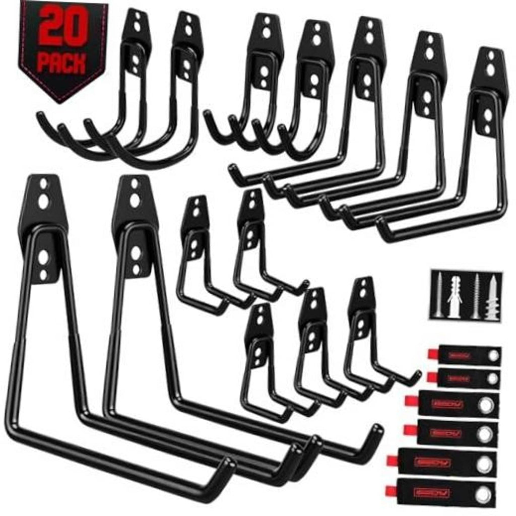 Pack of black heavy-duty wall storage hooks with mounting plates and curved arms