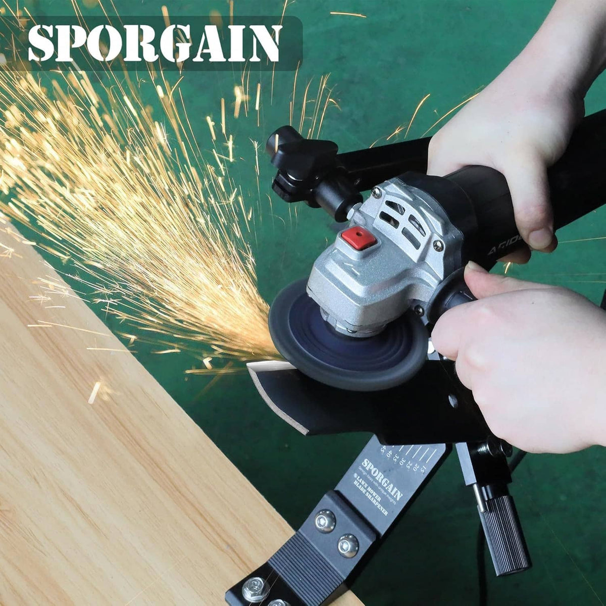 Lawn mower blade sharpener and balancer tool used with an angle grinder producing sparks