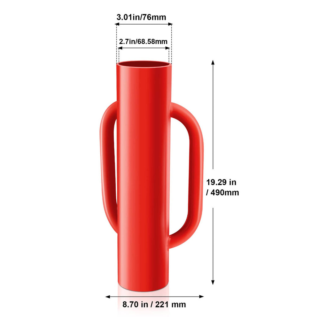 Red steel post pounder with dual handles, top-to-bottom view