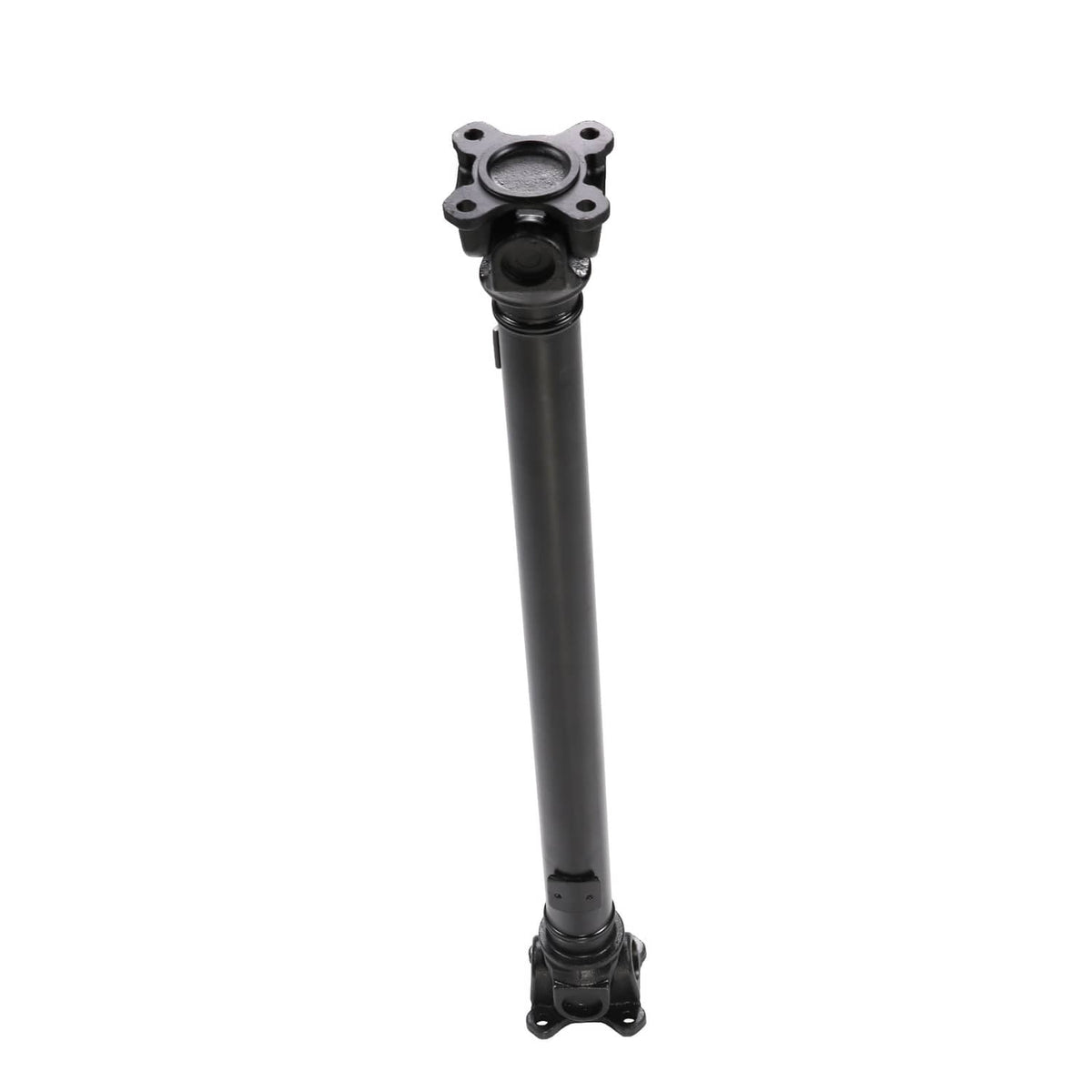 Front driveshaft prop shaft with black tube and bottom mounting flange, upright view