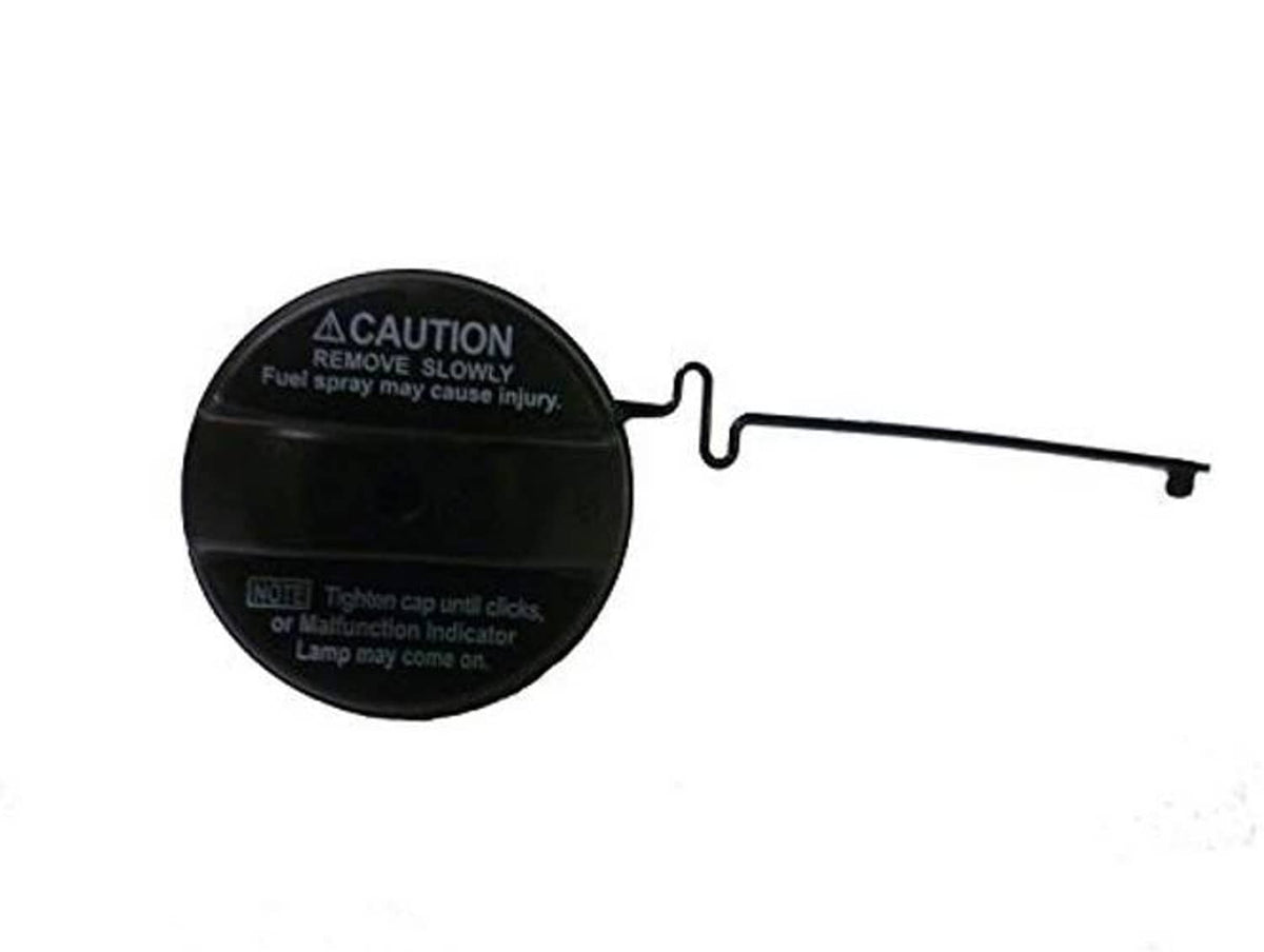 Black gas cap with warning text and metal tether for retention