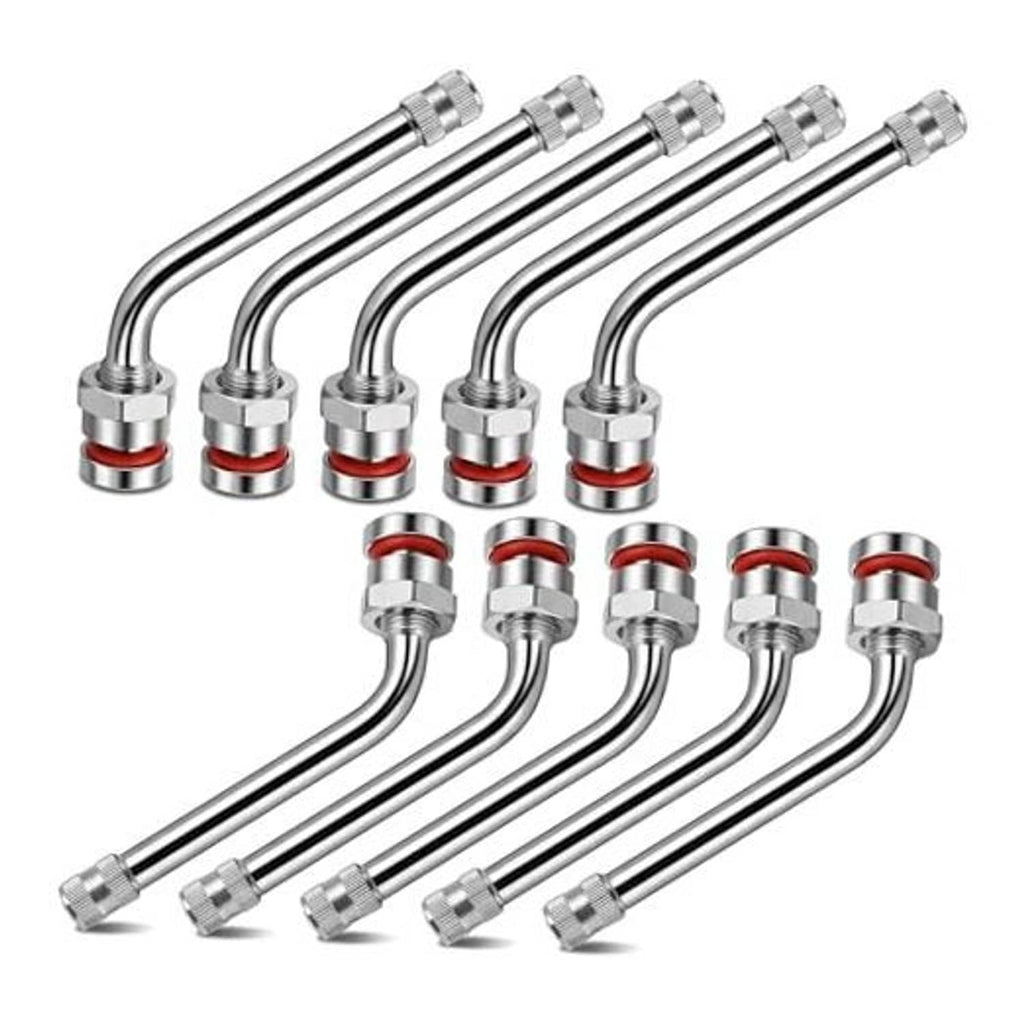 Set of silver 60° truck tire valve stems with knurled caps and red sealing O-rings