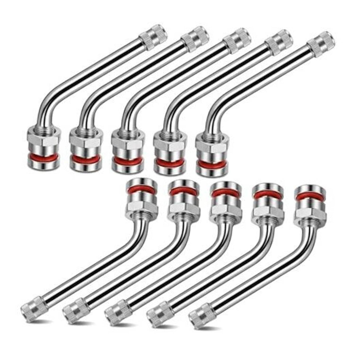 Set of silver 60° truck tire valve stems with knurled caps and red sealing O-rings