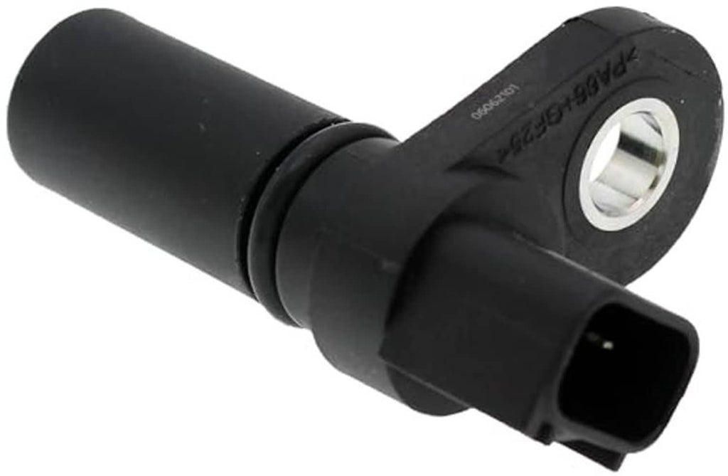Black camshaft position sensor with oval mounting plate and electrical plug