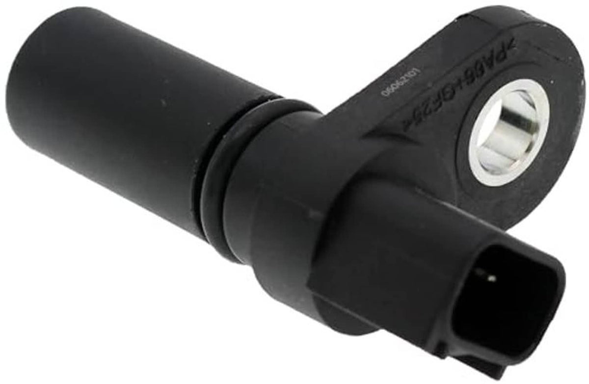 Black camshaft position sensor with oval mounting plate and electrical plug