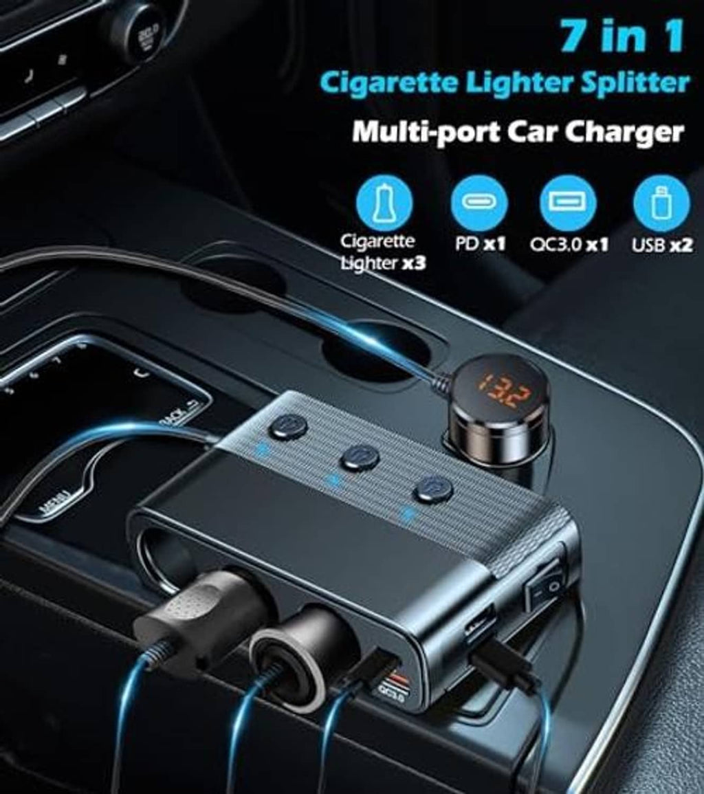 3-socket car cigarette lighter splitter with Type-C and dual USB ports in dashboard