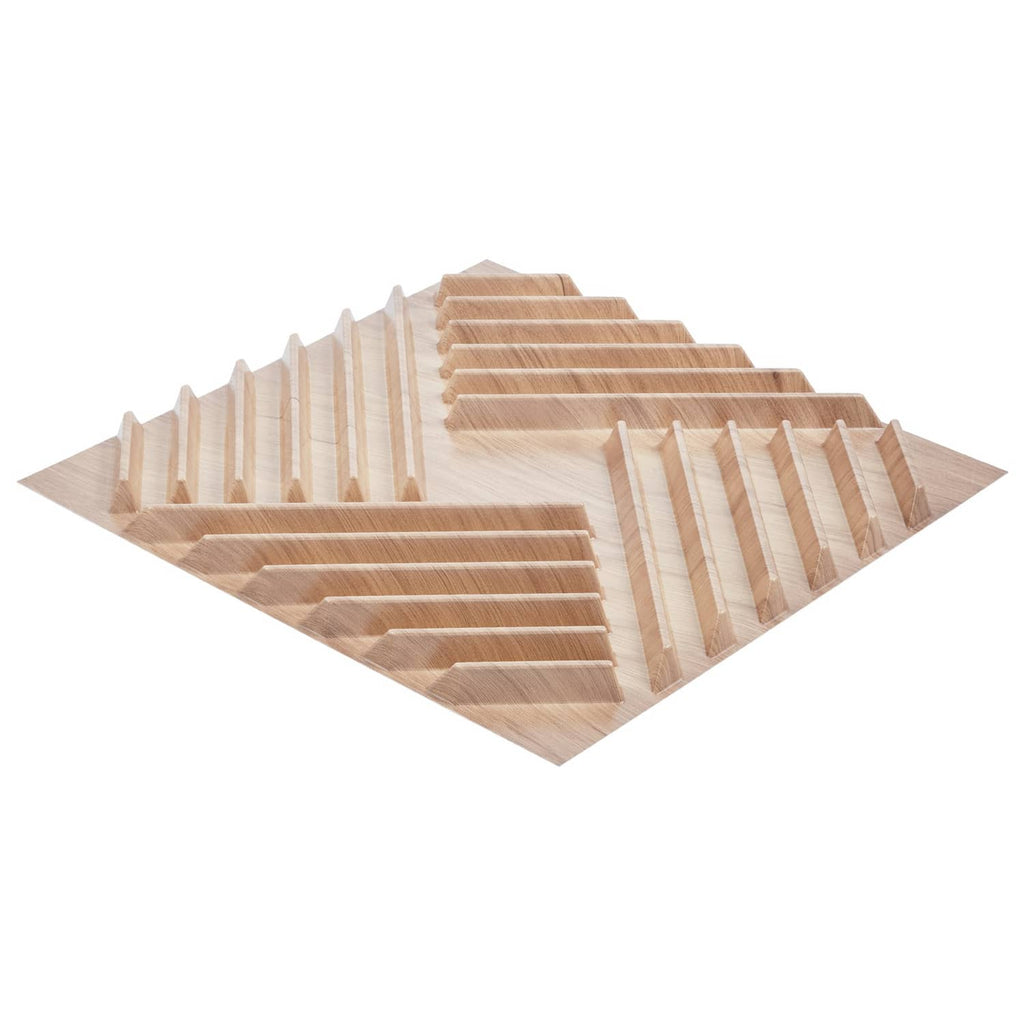 Light wood 3D slat wall panel tiles with raised grooves, shown from above