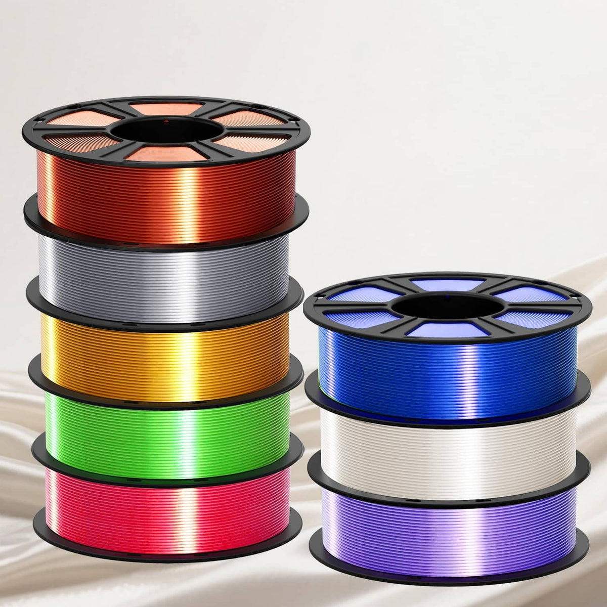 Colorful silk PLA filament spools: copper, green, blue, red, purple on reels