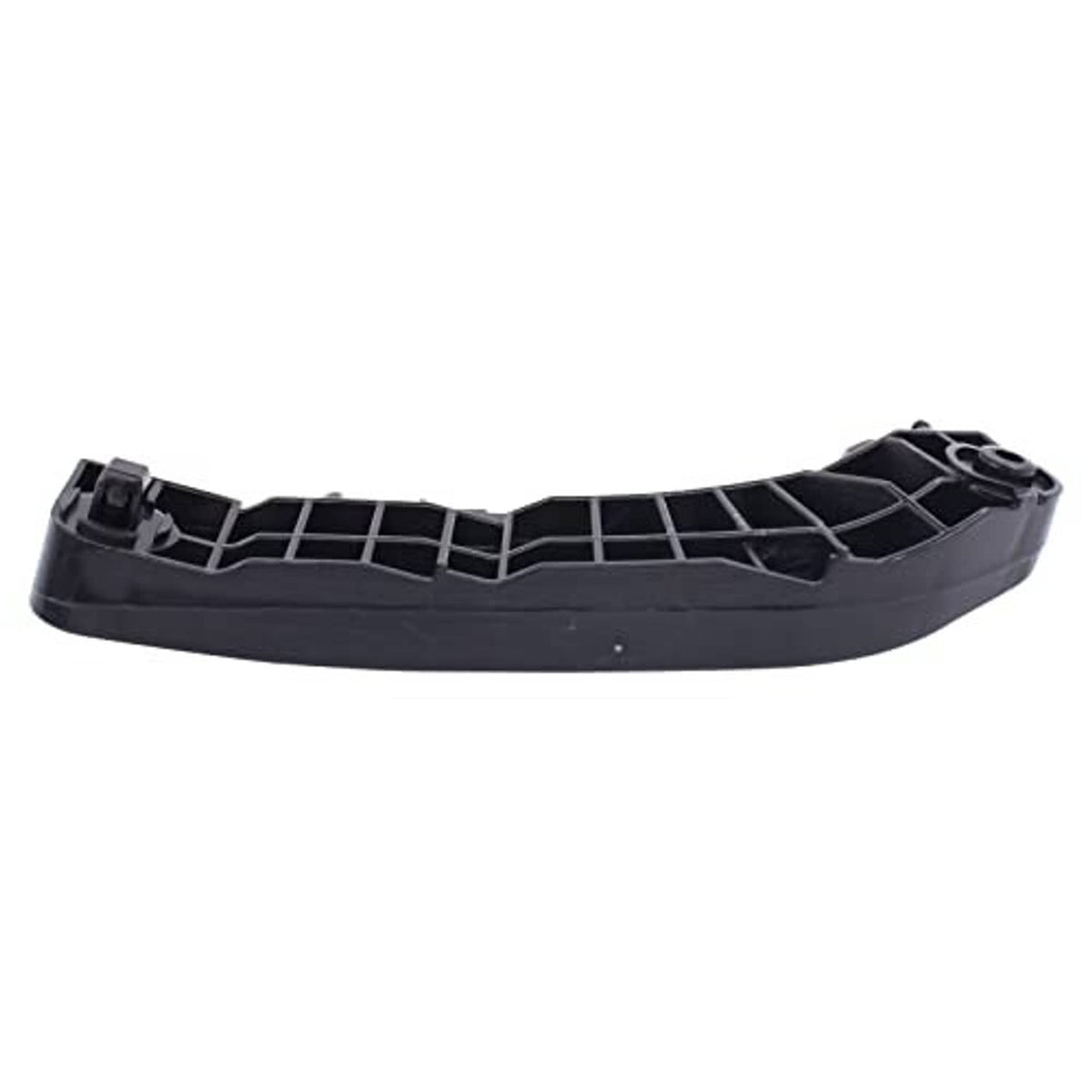 Black plastic curved bumper bracket retainer with side tabs and circular mounting holes