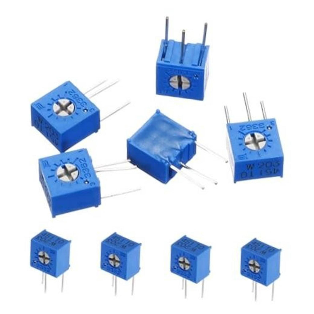 Set of blue multiturn trimmer potentiometers with 3-pin leads and side adjustment.