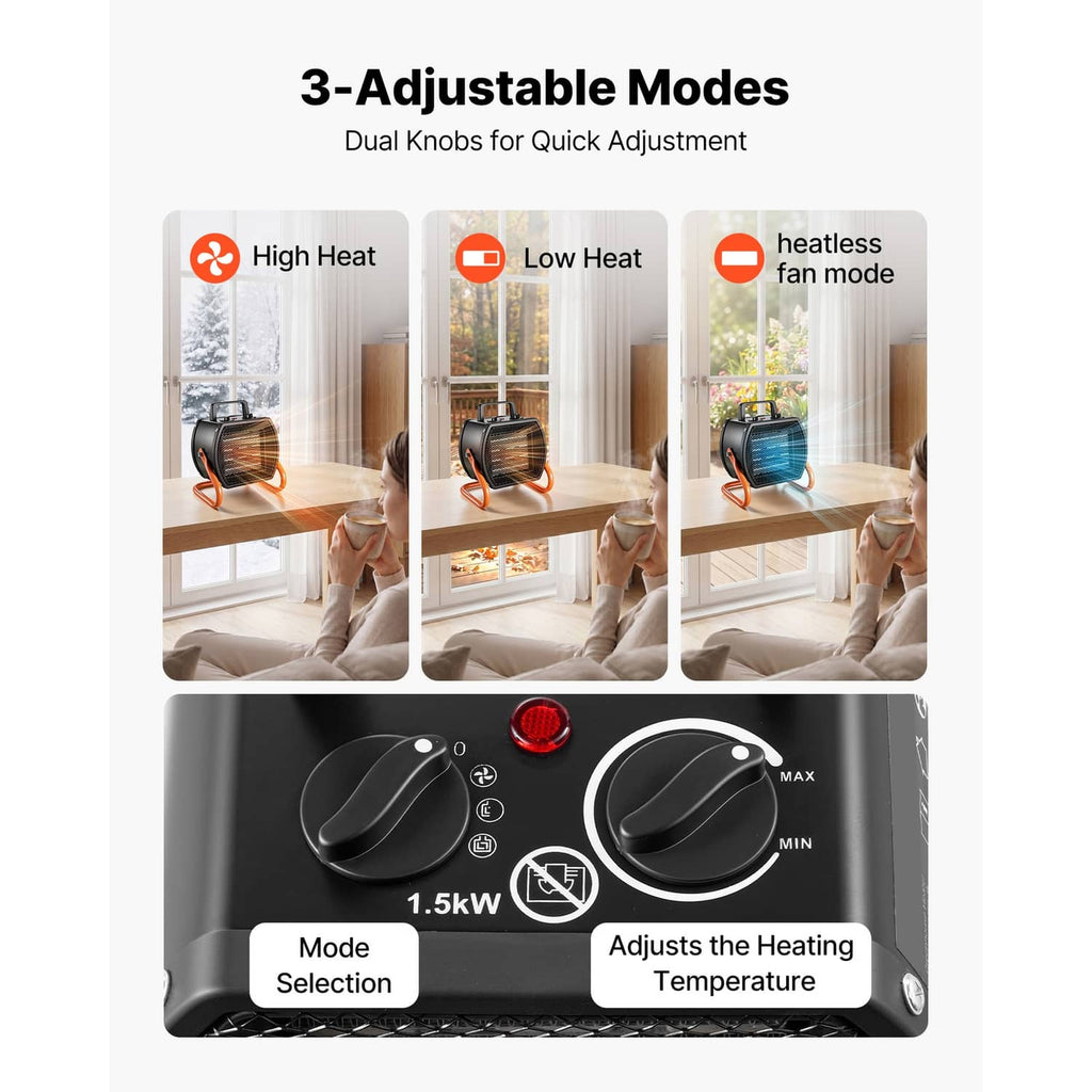 Electric greenhouse heater control panel with two knobs on black casing