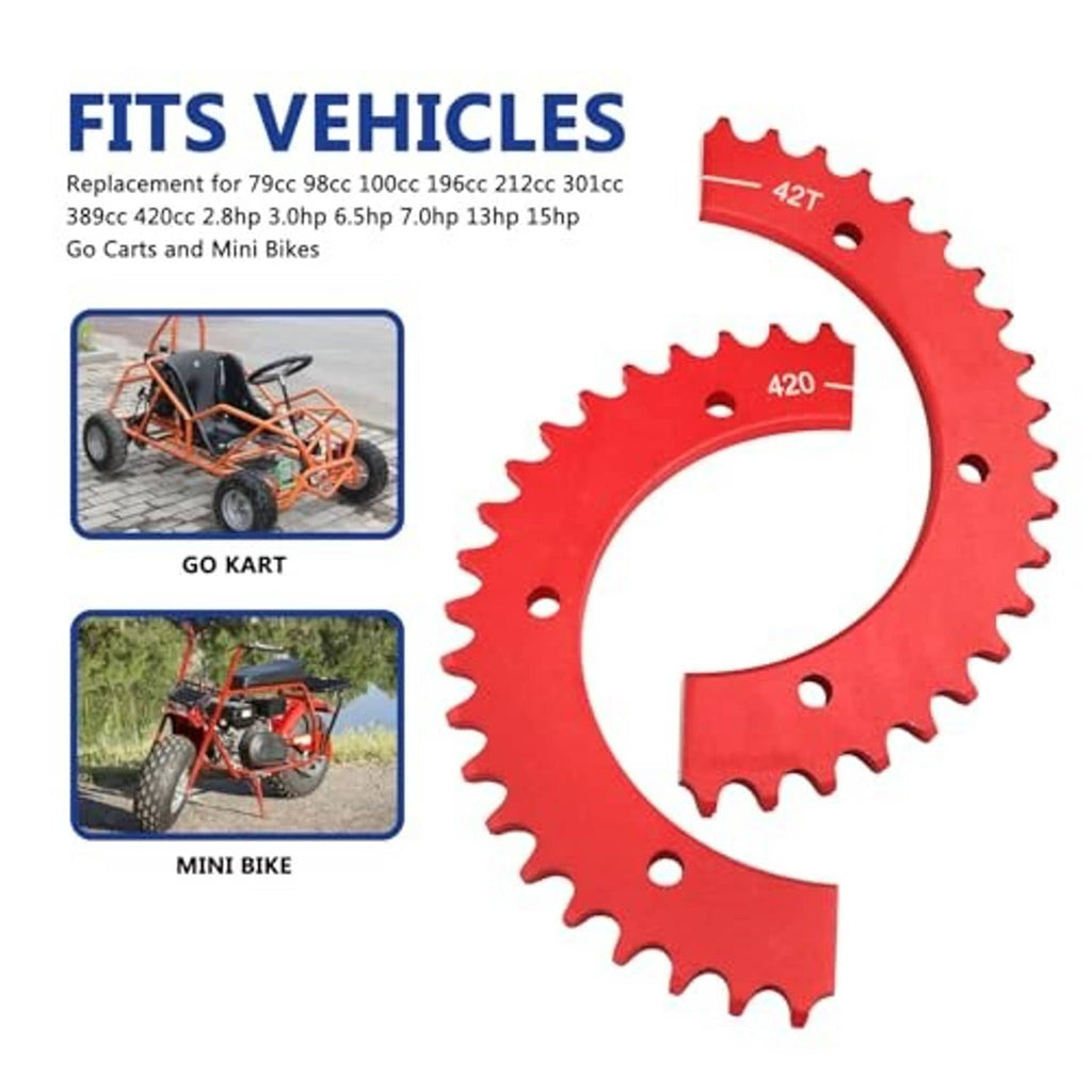 Red split sprocket plate for 420 chain, 42T marking, with tooth edge and holes