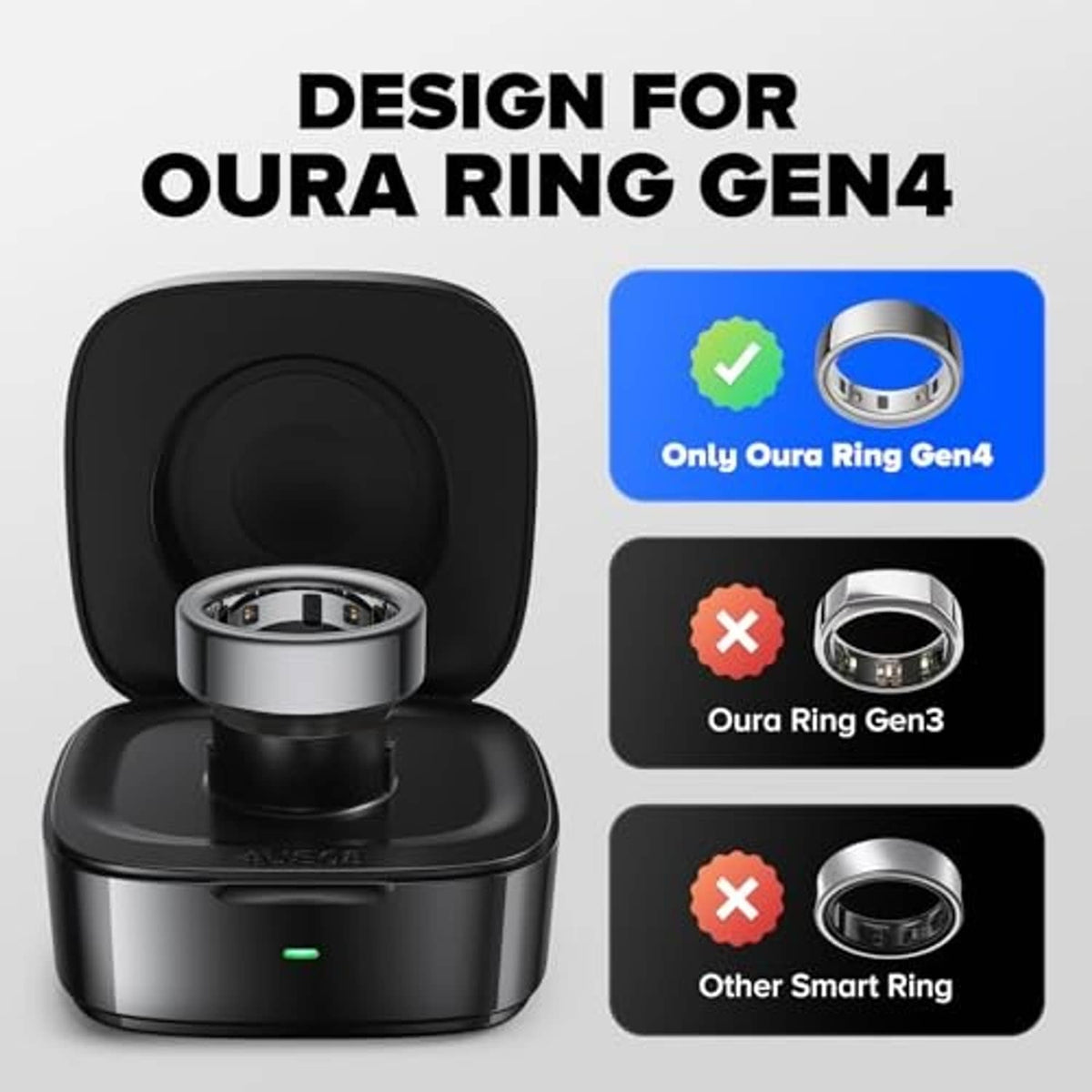 Black charging case with open cradle and metal ring contacts