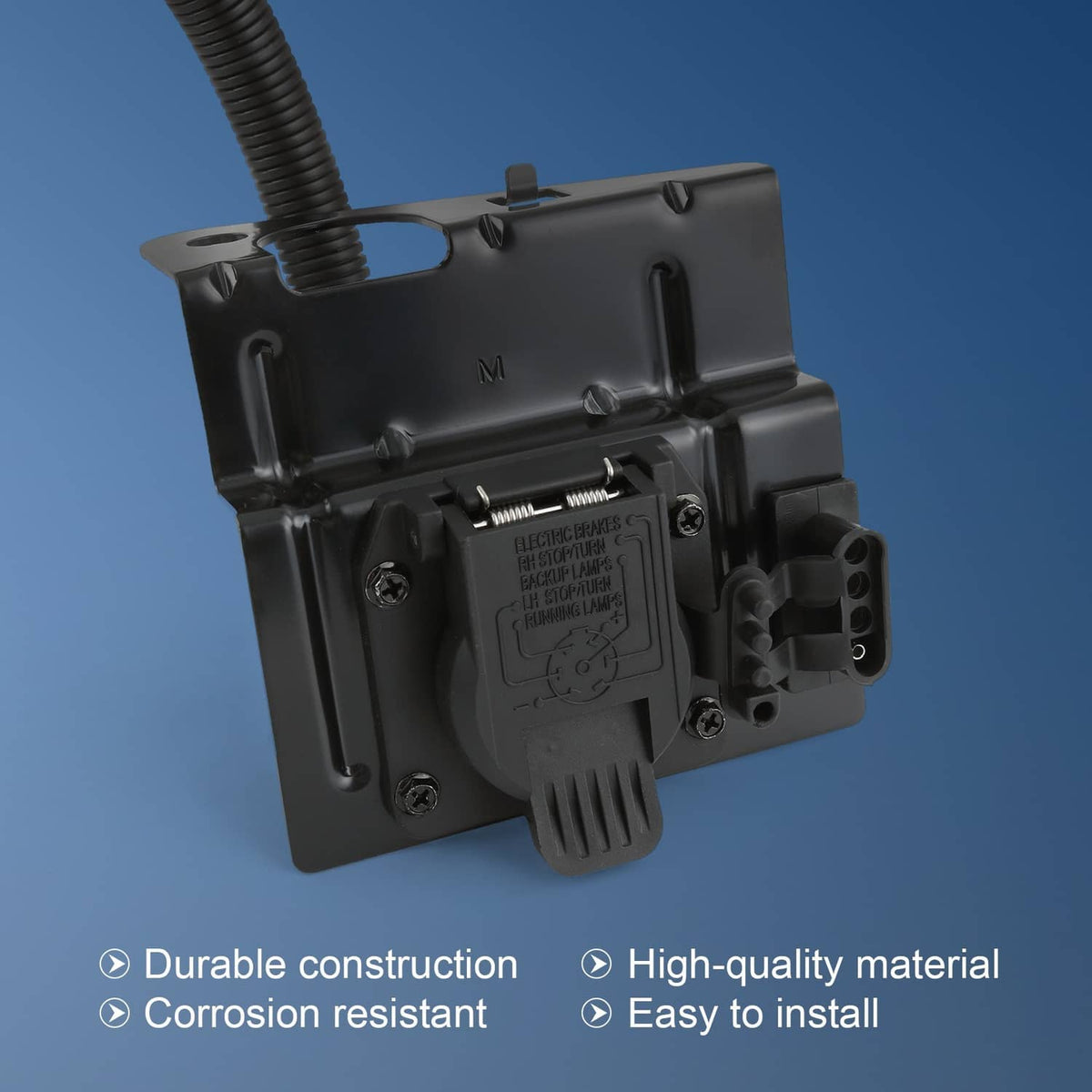 Trailer tow wiring harness plug with black module and side connector detail