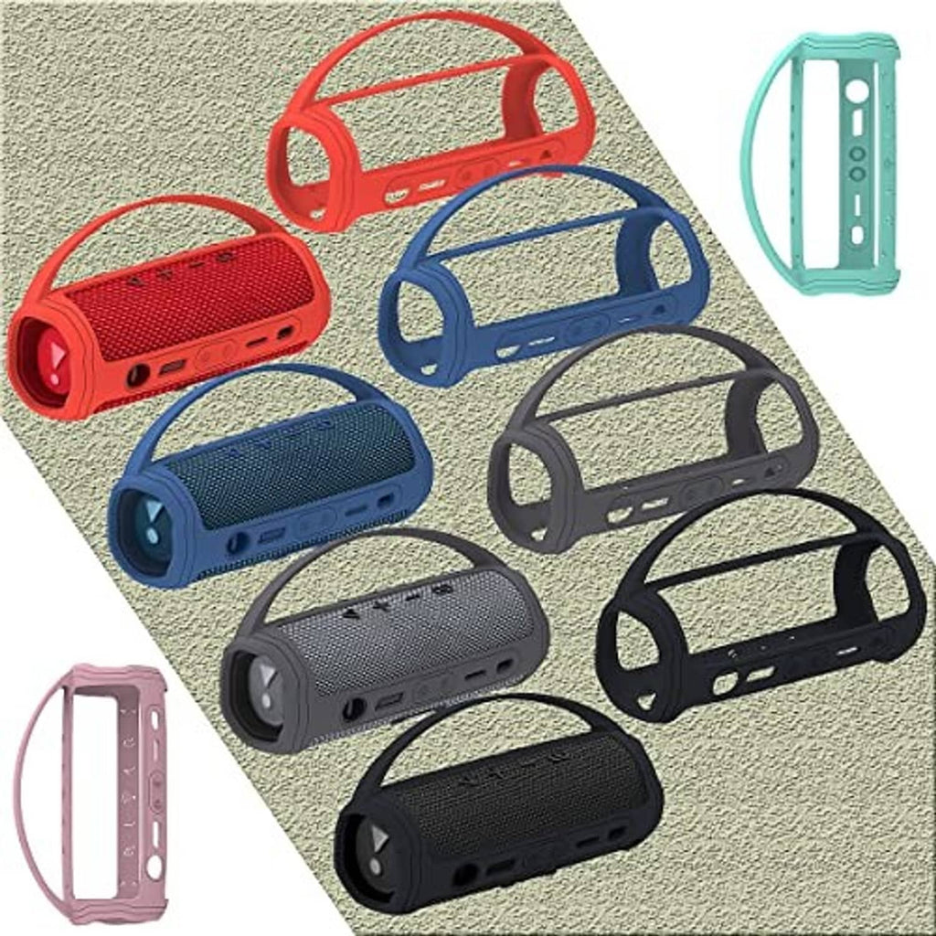 Assorted color silicone cases for JBL Flip 6 speaker, including pink, blue, red, and black