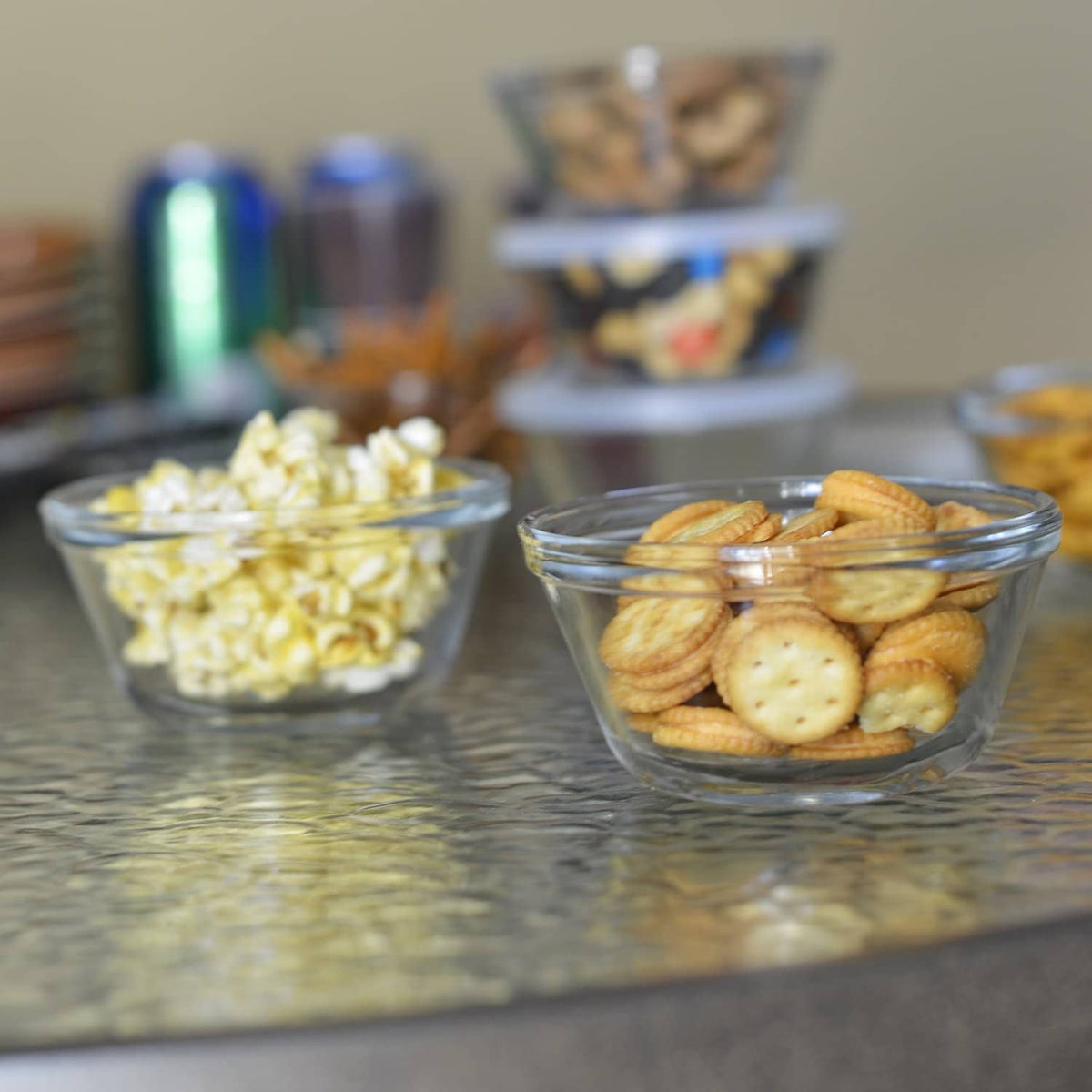 Clear glass custard cups filled with snacks