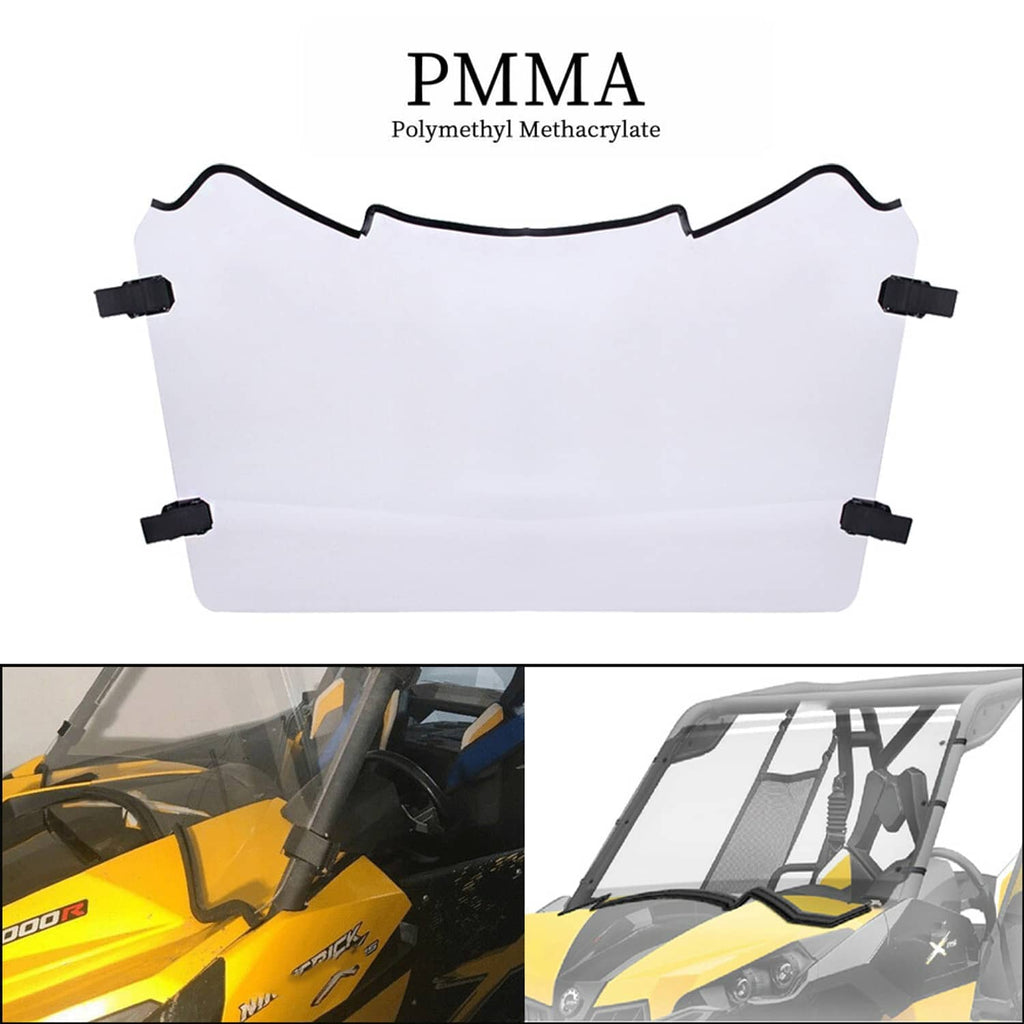 White PMMA windshield panel with black mounting clamps, curved top edge.