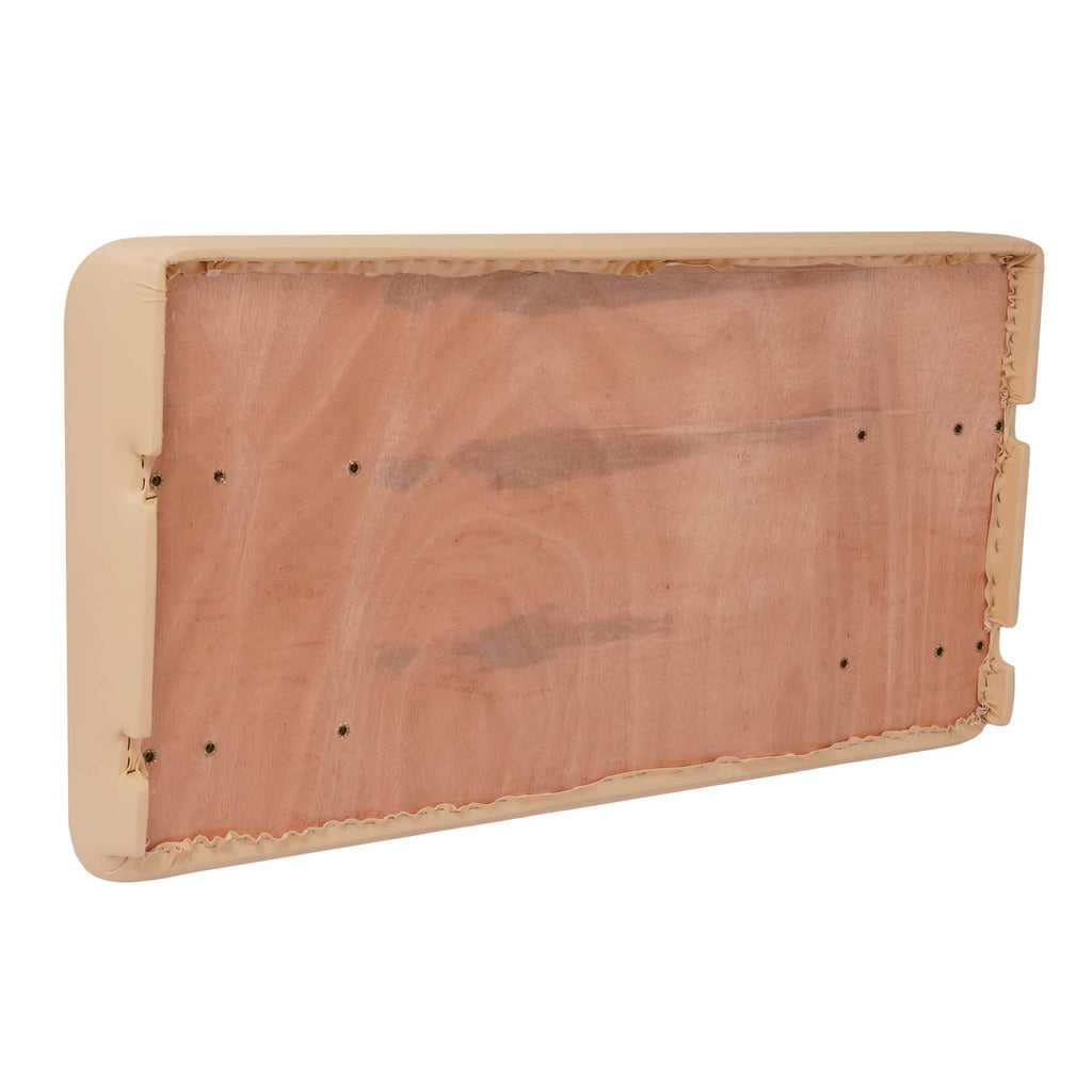 Tan seat bottom cushion underside with wood backing and mounting holes