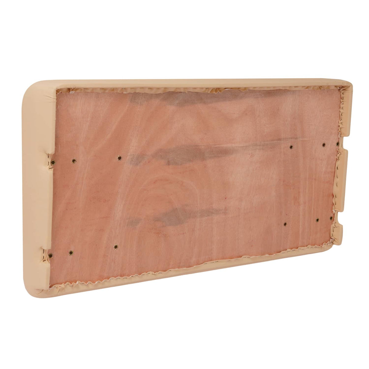Tan seat bottom cushion underside with wood backing and mounting holes