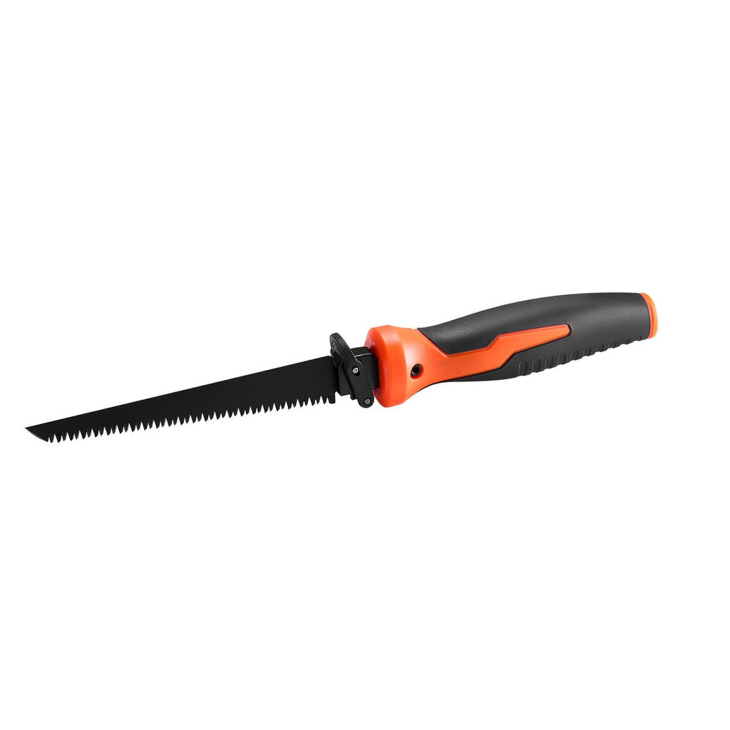 Orange and black keyhole saw with serrated blade and adjustable blade holder